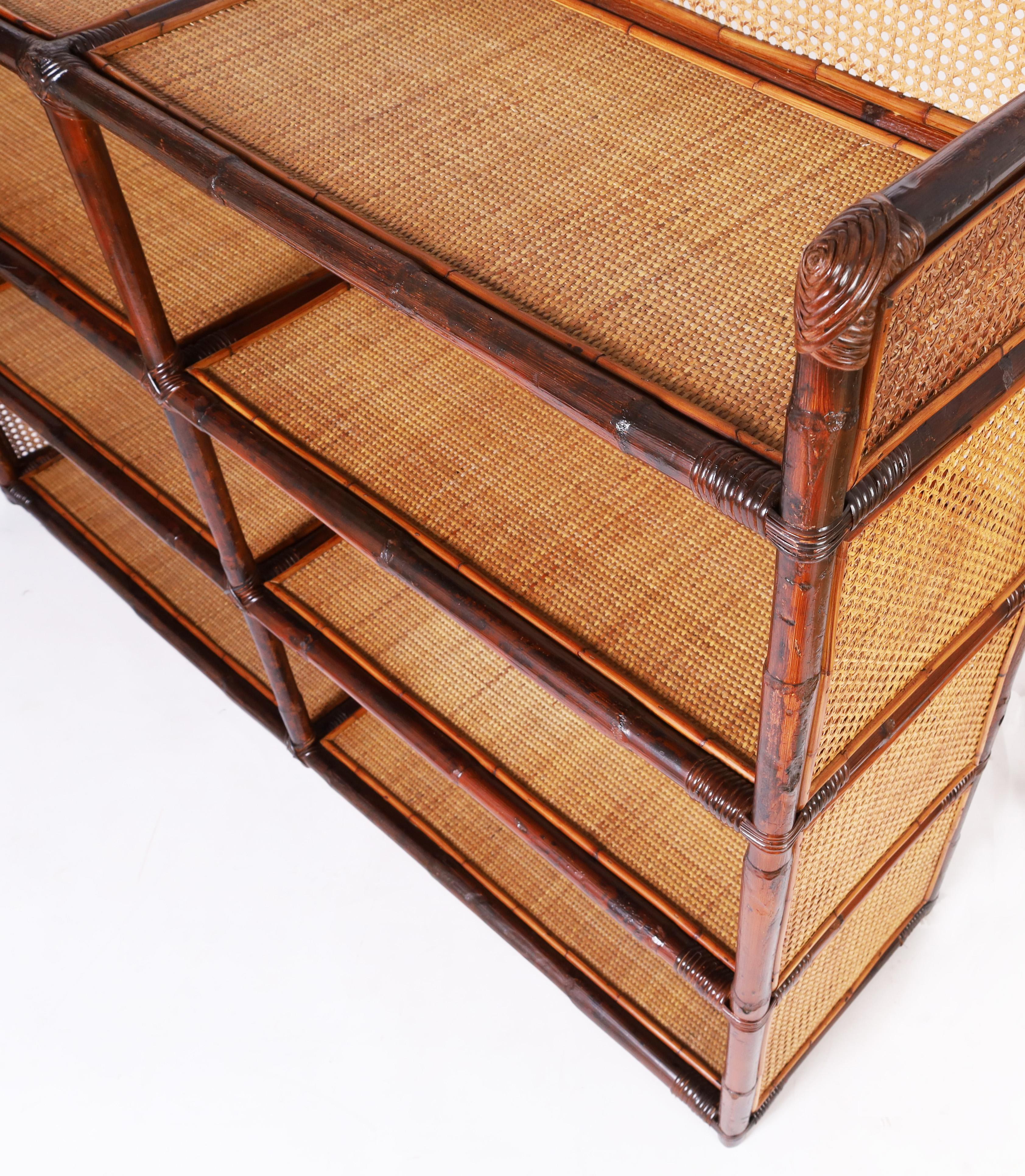 20th Century Caned Bamboo and Grasscloth Etagere or Bookshelf For Sale