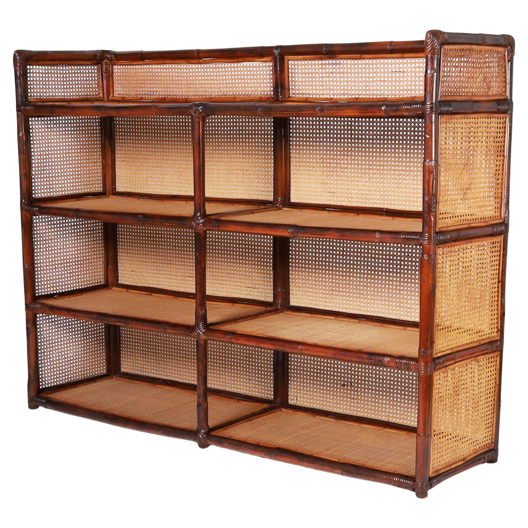 Caned Bamboo and Grasscloth Etagere or Bookshelf For Sale