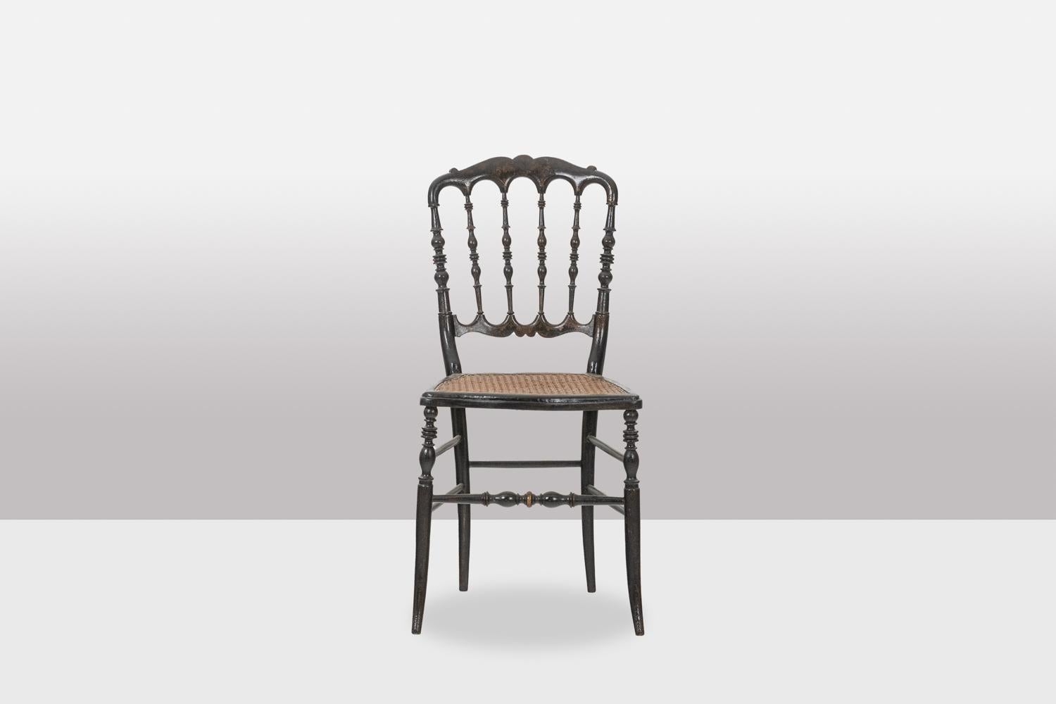 Wood Caned chair in turned and blackened wood. Napoléon III. For Sale