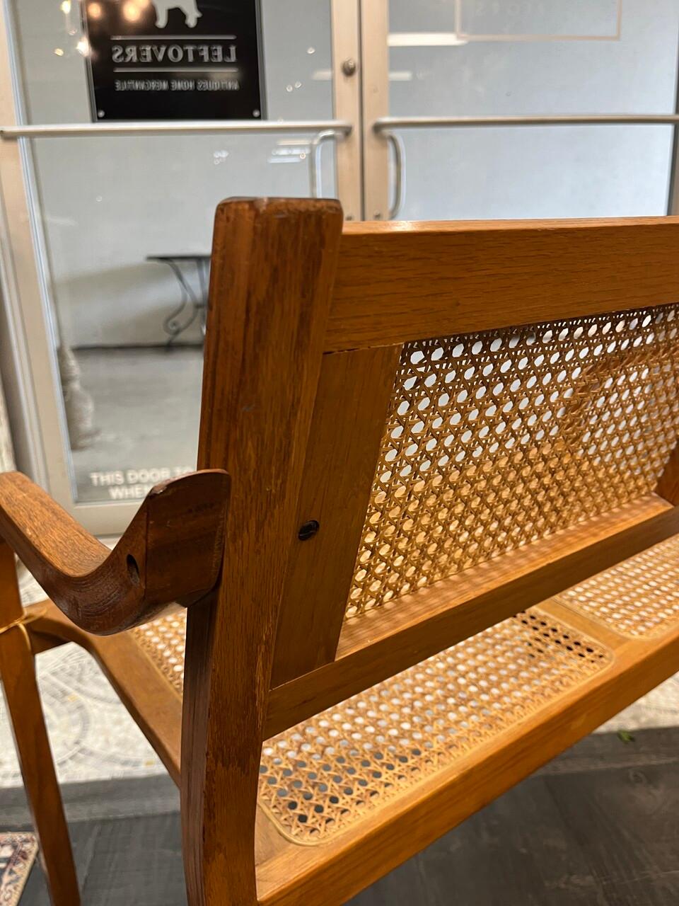 Mid-Century Modern Caned Oak Settee Bench with Bentwood Arms