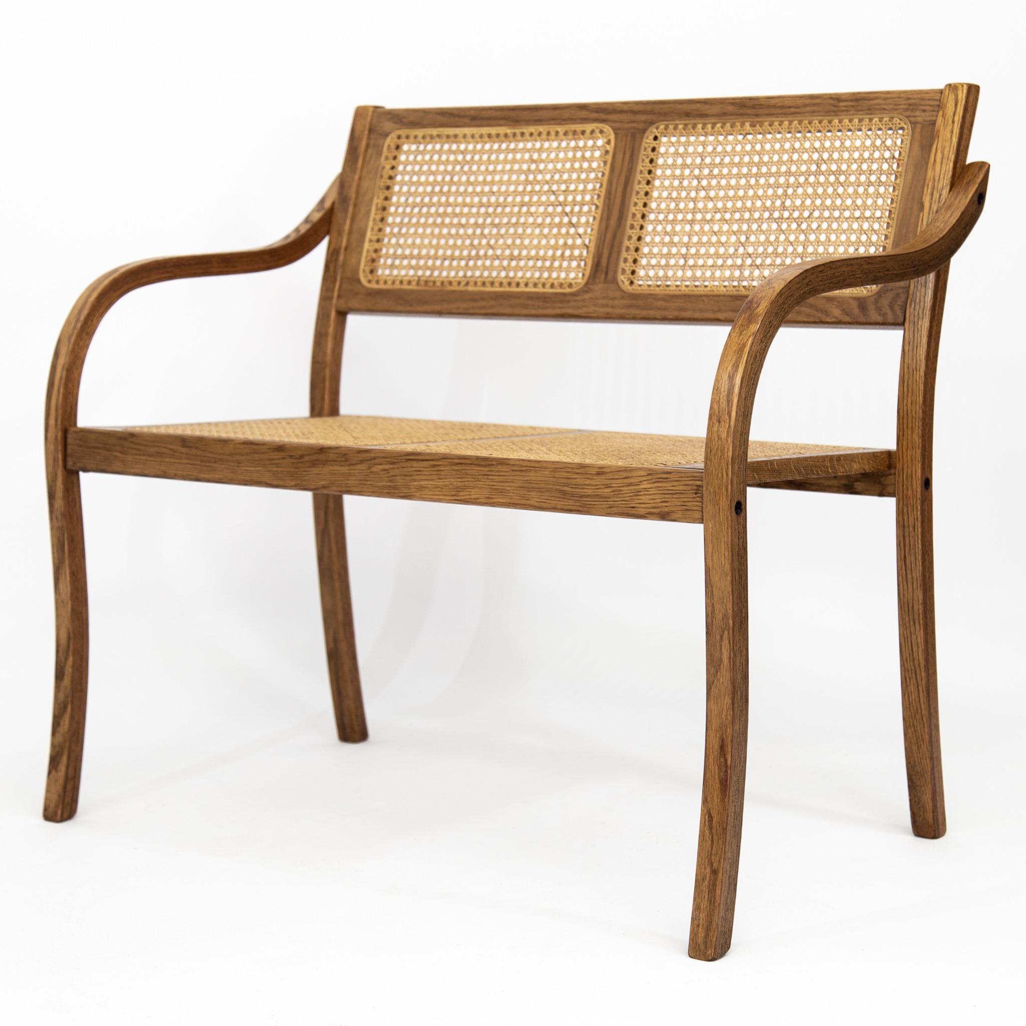 Minimalist Caned Oak Settee Bench with Bentwood Arms