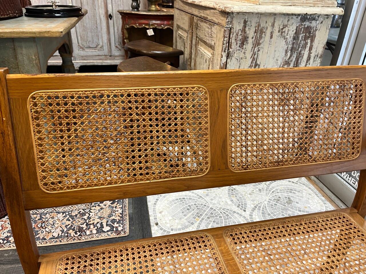 Caned Oak Settee Bench with Bentwood Arms In Good Condition In Houston, TX