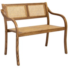 Caned Oak Settee Bench with Bentwood Arms