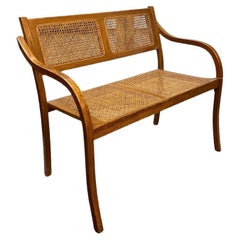 Caned Oak Settee Bench with Bentwood Arms