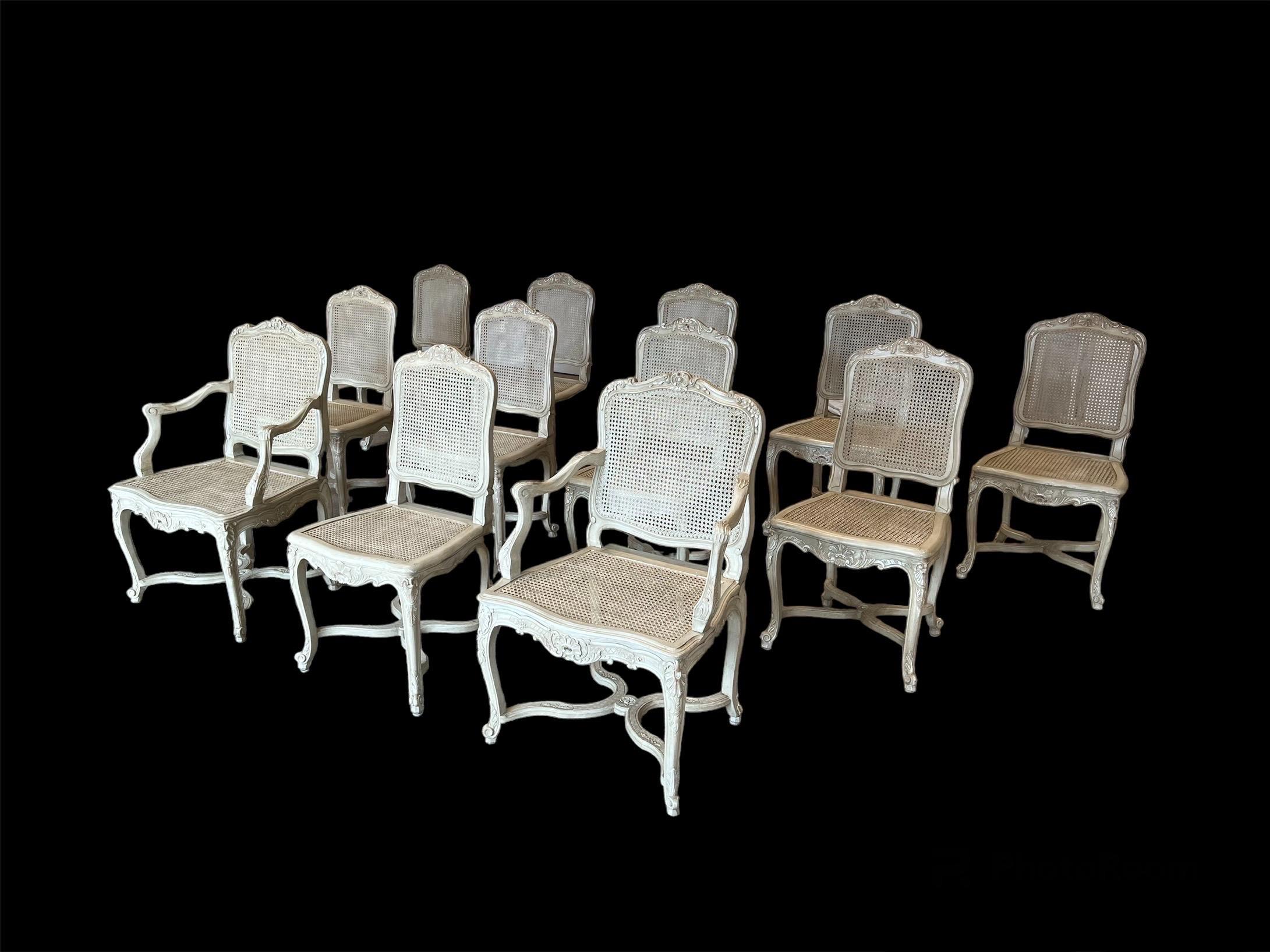 Caned & Painted Régence Style Chairs, 2 Arm 10 Side  In Good Condition For Sale In New York, NY