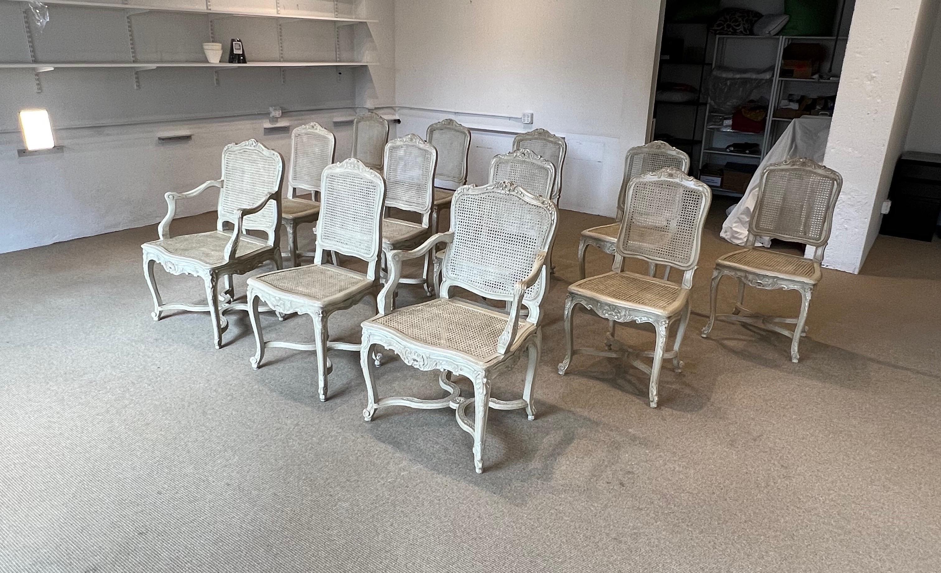 Oak Caned & Painted Régence Style Chairs, 2 Arm 10 Side  For Sale
