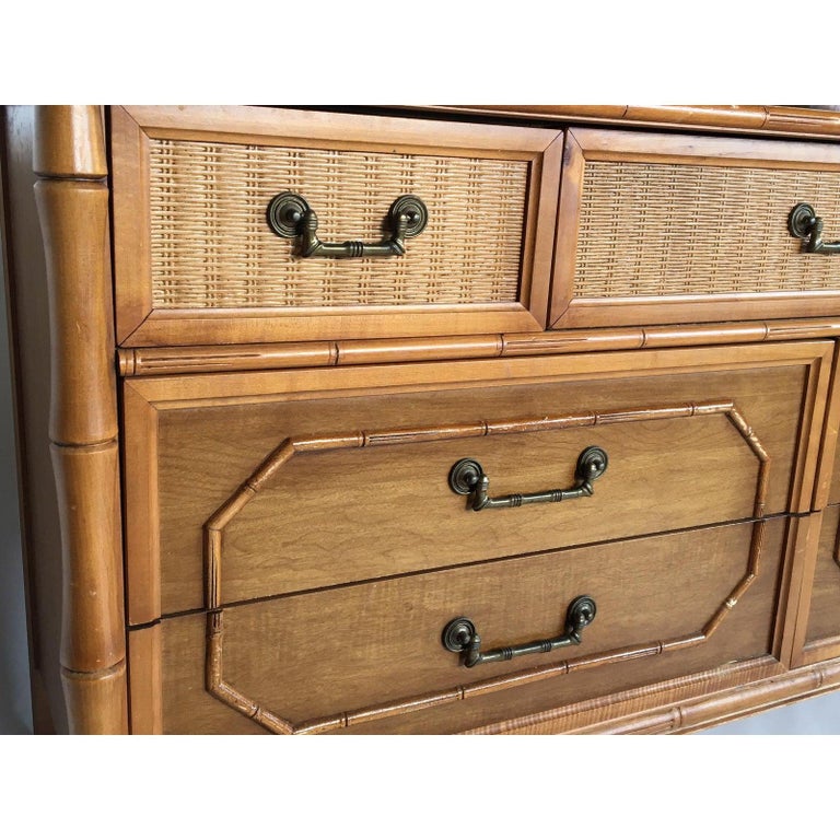 Caned Rattan And Faux Bamboo 7 Drawer Dresser By Broyhill For Sale