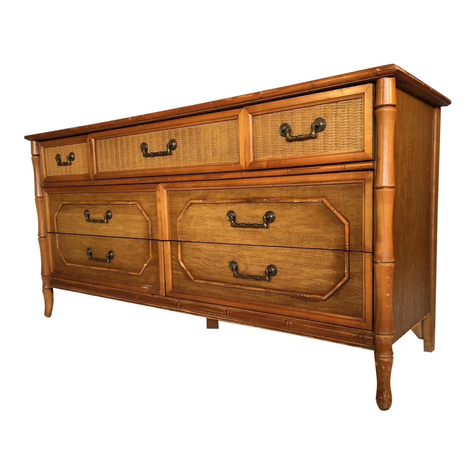 Caned Rattan and Faux Bamboo 7-Drawer Dresser by Broyhill