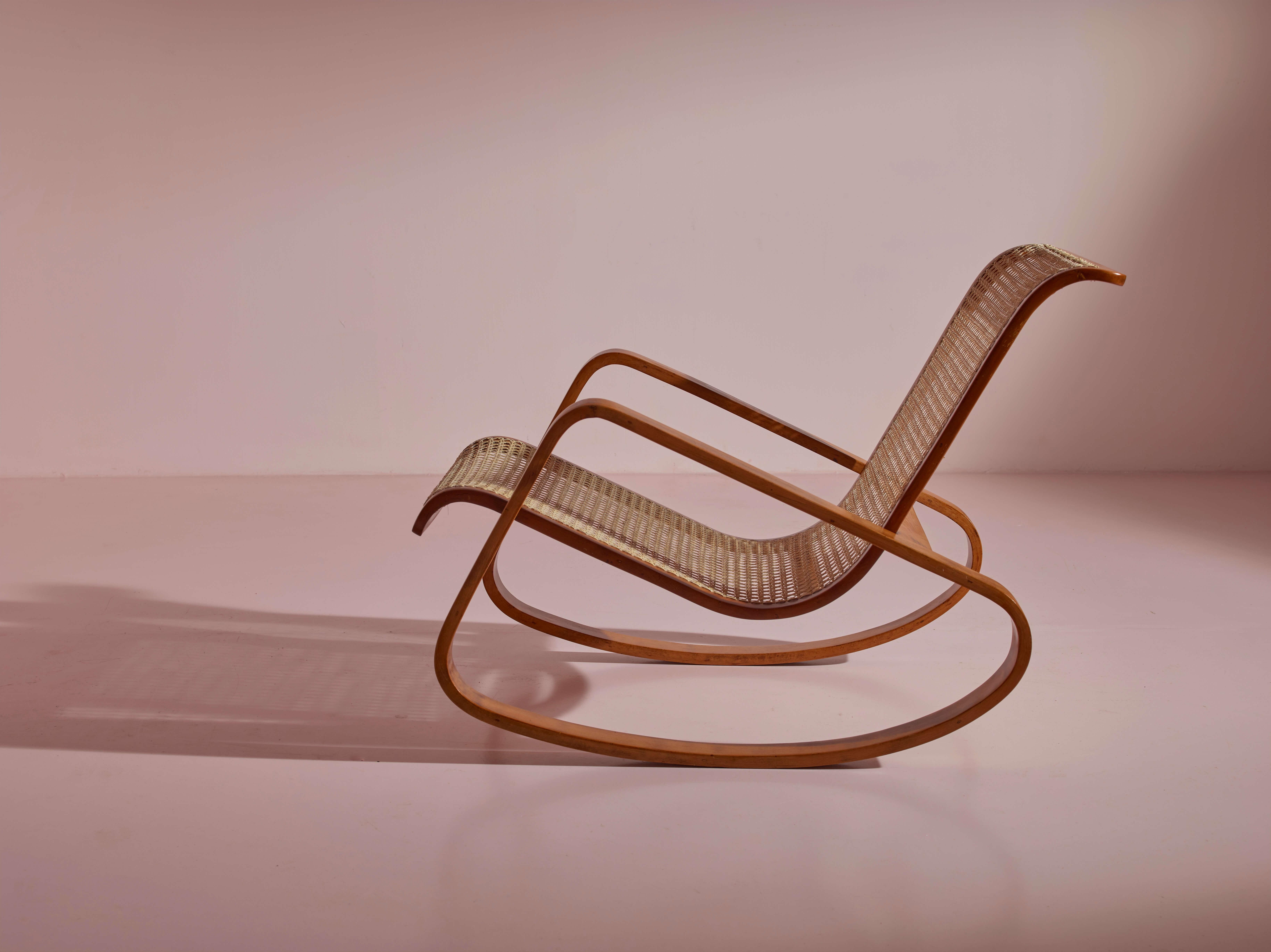 Italian Caned Rocking Chair Made by Porino, Italy, 1930s For Sale