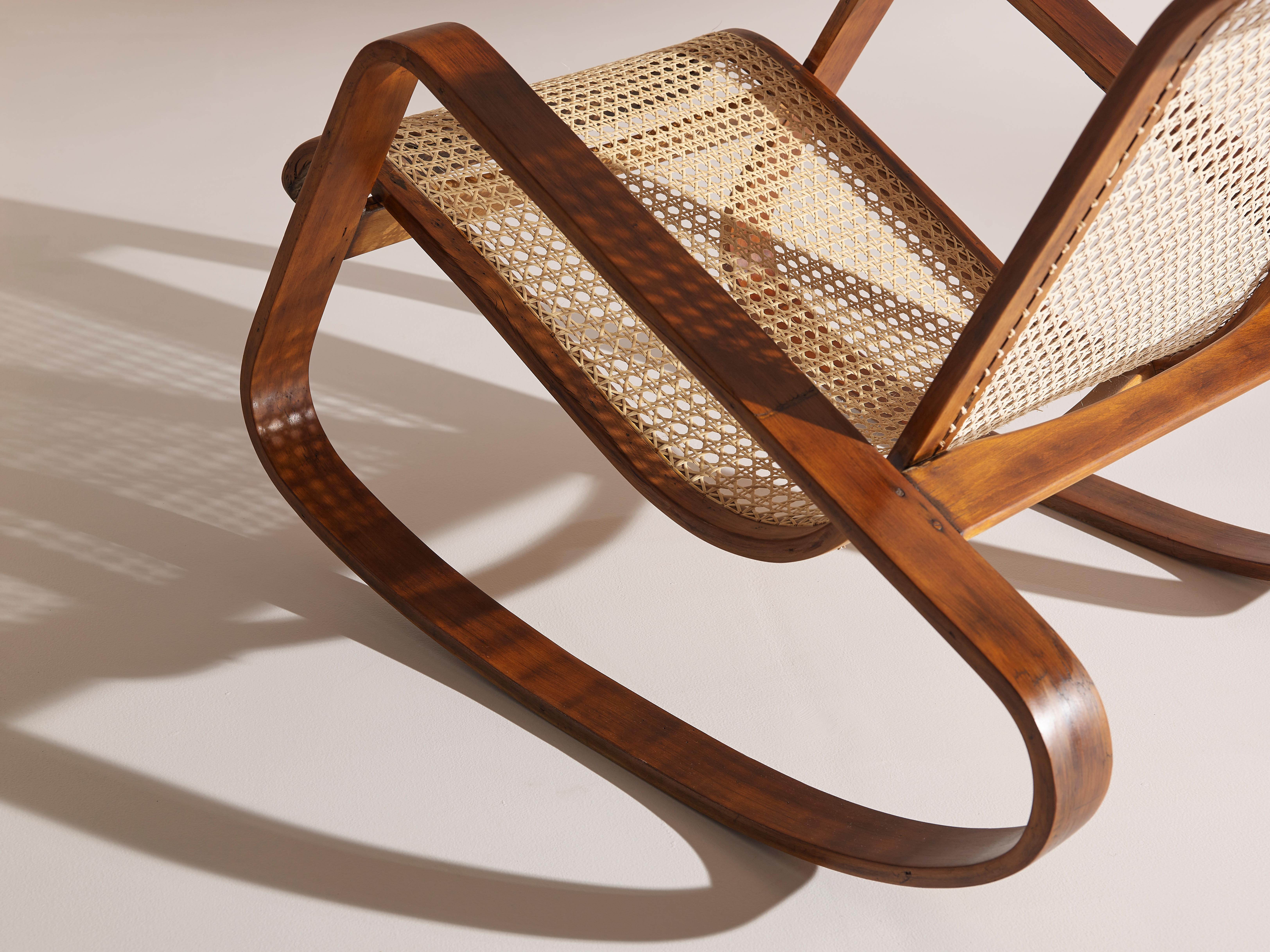 Mid-20th Century Caned Rocking Chair Made by Porino, Italy, 1930s For Sale