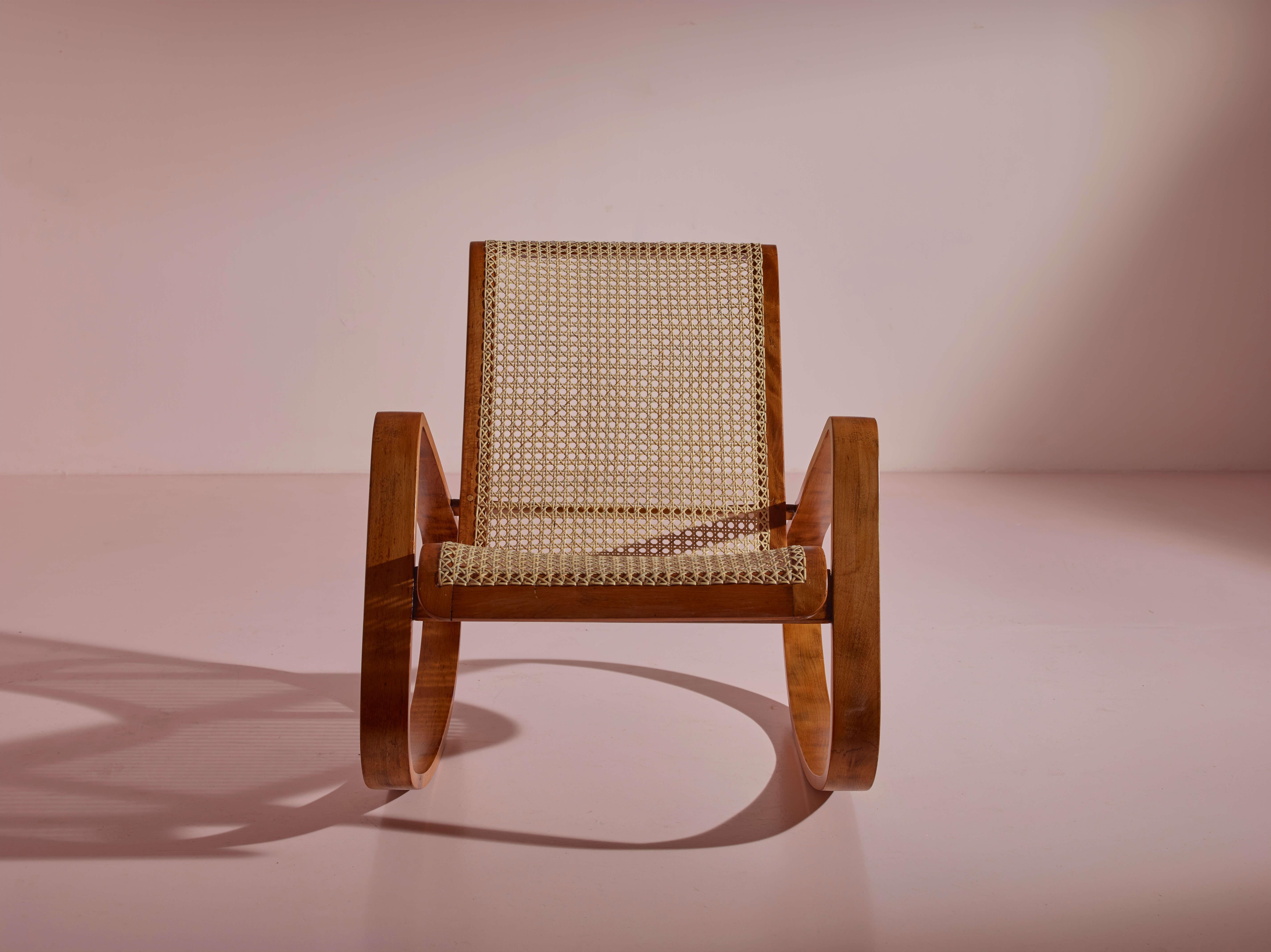 Mid-20th Century Caned Rocking Chair Made by Porino, Italy, 1930s For Sale