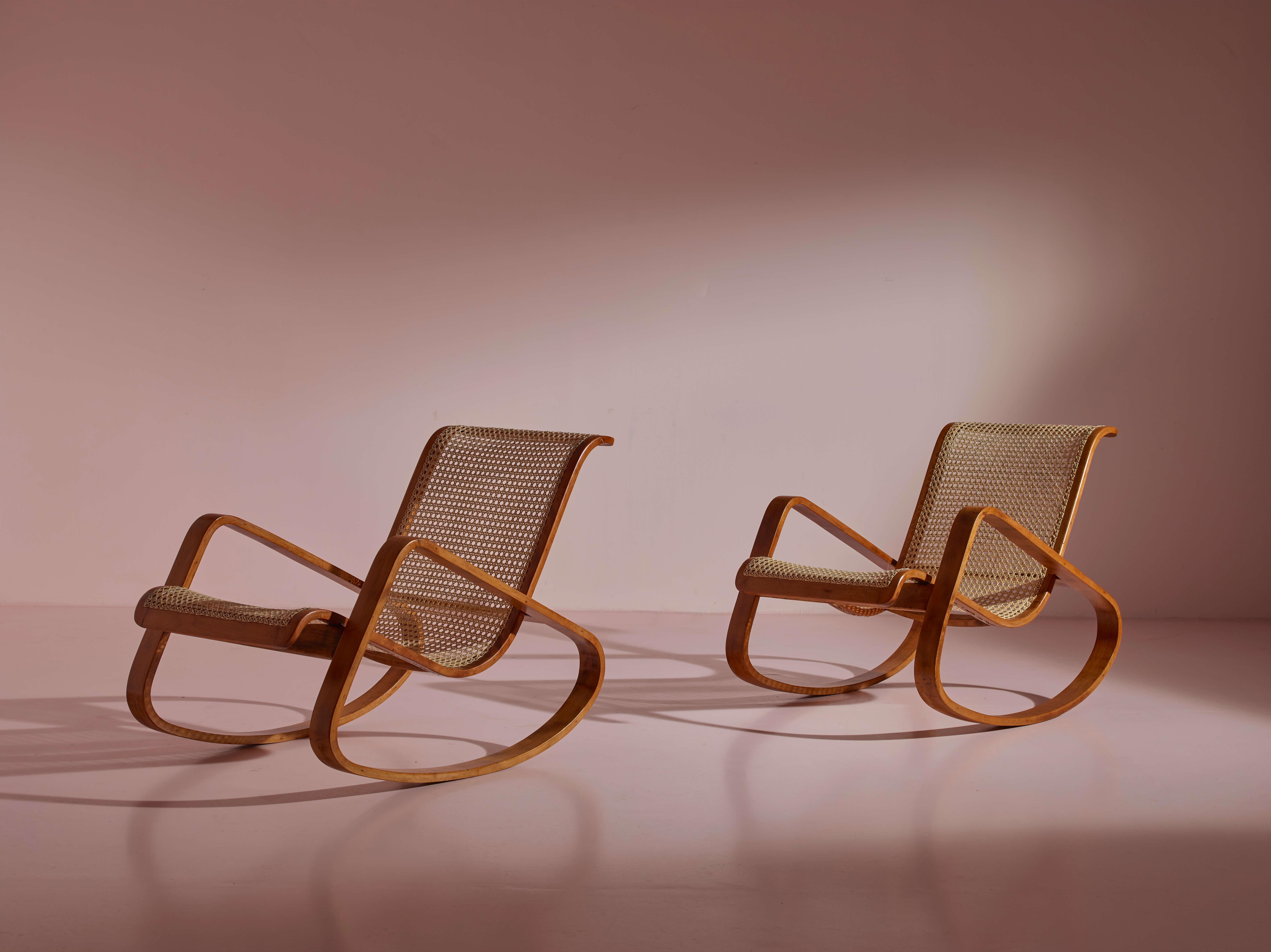 Caned Rocking Chair Made by Porino, Italy, 1930s For Sale 1