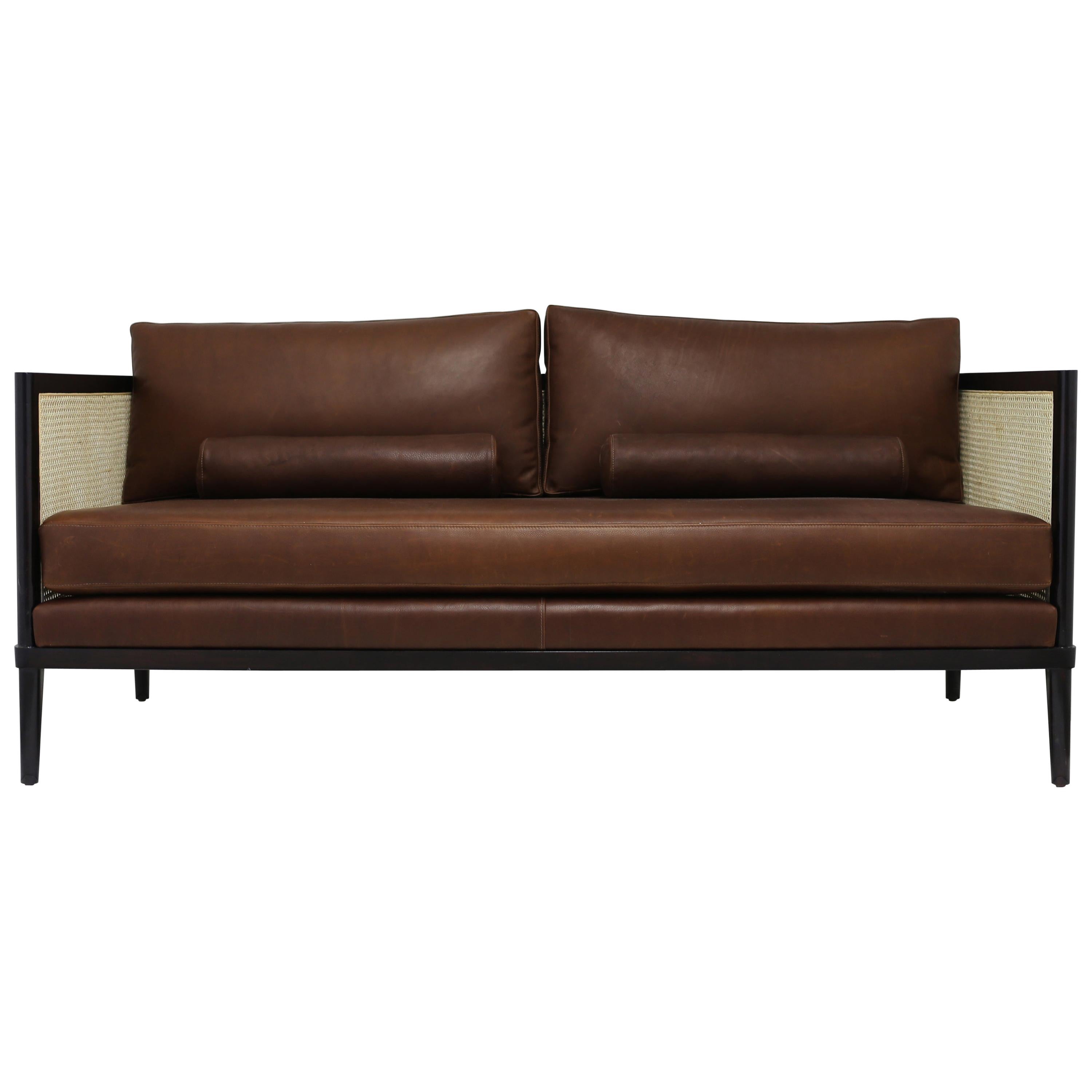 Caned Settee with Leather Back and Seat Cushions with Wood Frame For Sale