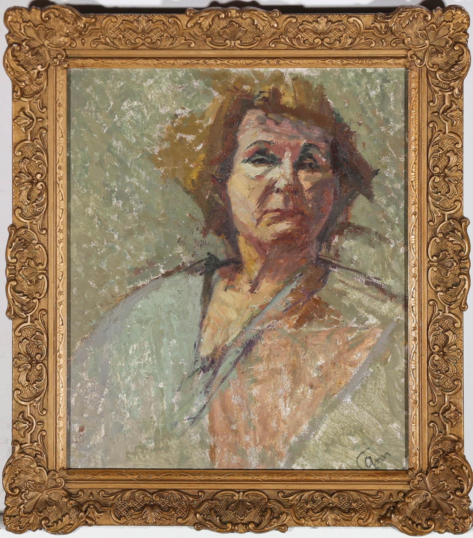 A delightful portrait of a middle-aged woman painted in an expressive style. Signed 'Can' to the lower right. Presented in a gilt frame. On board.
