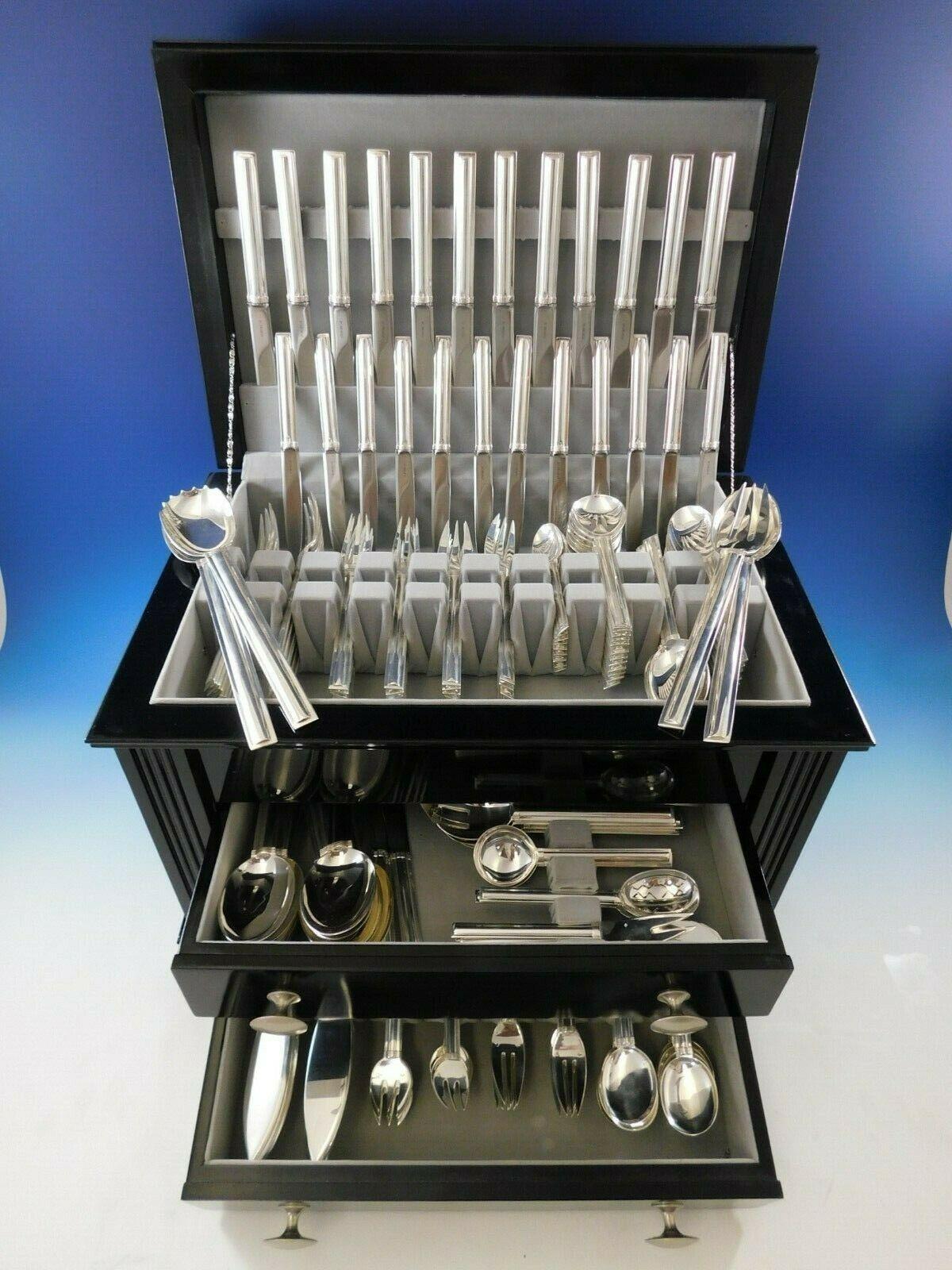 Large and impressive Cannes by Puiforcat France sterling silver flatware set, dinner and Luncheon size, 175 pieces. This set includes:

12 dinner knives, pointed, 9 1/8