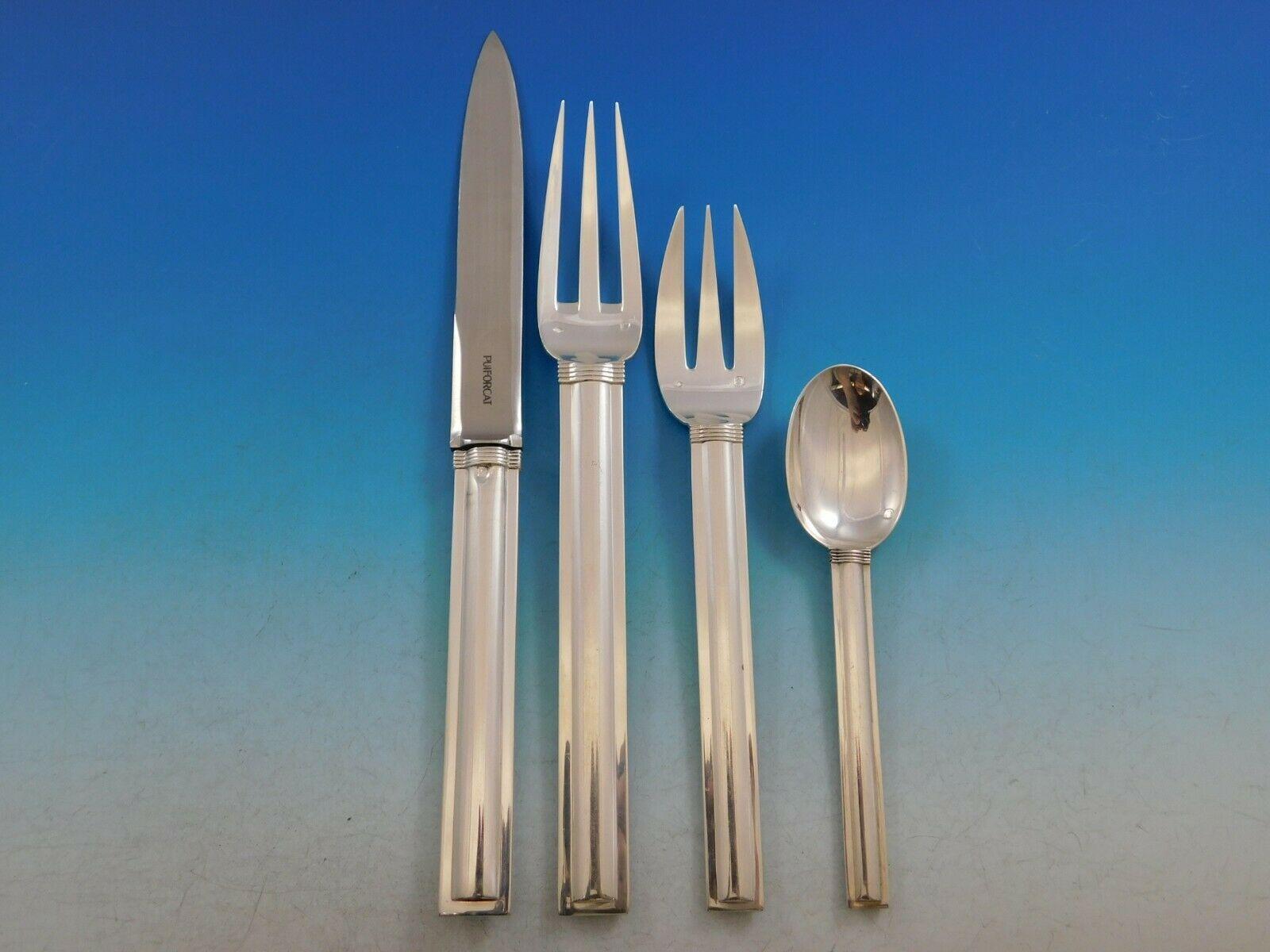 Cannes by Puiforcat France Sterling Silver Flatware Set Service 12 Dinner In Excellent Condition In Big Bend, WI