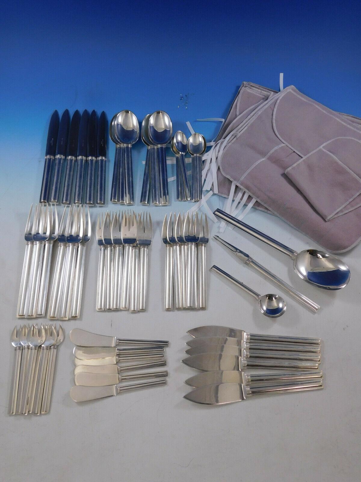 Cannes by Puiforcat France Sterling Silver Flatware Set Service 74 pieces Dinner In Excellent Condition In Big Bend, WI