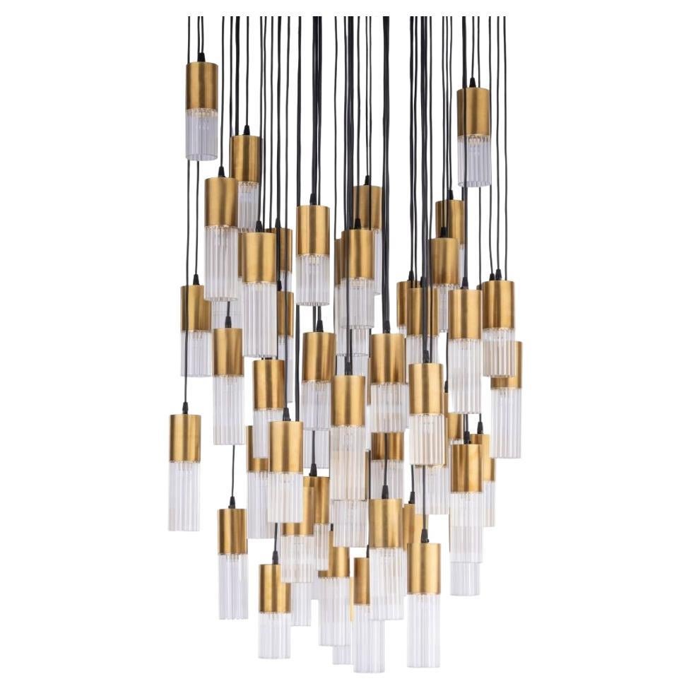 Canneté Brass and Glass 60 Lights Chandelier, Natural Finish For Sale