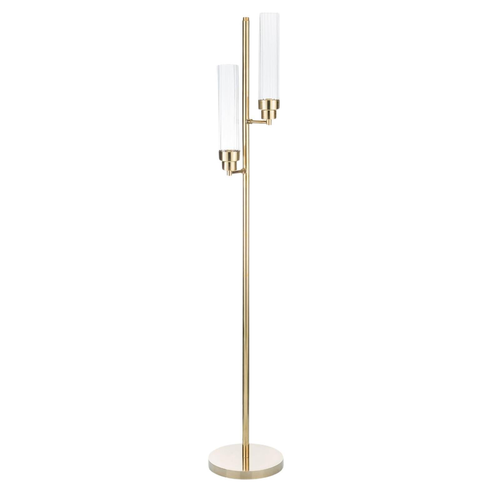 Canneté Double Arms Floor Lamp with Naural Brass Structure For Sale