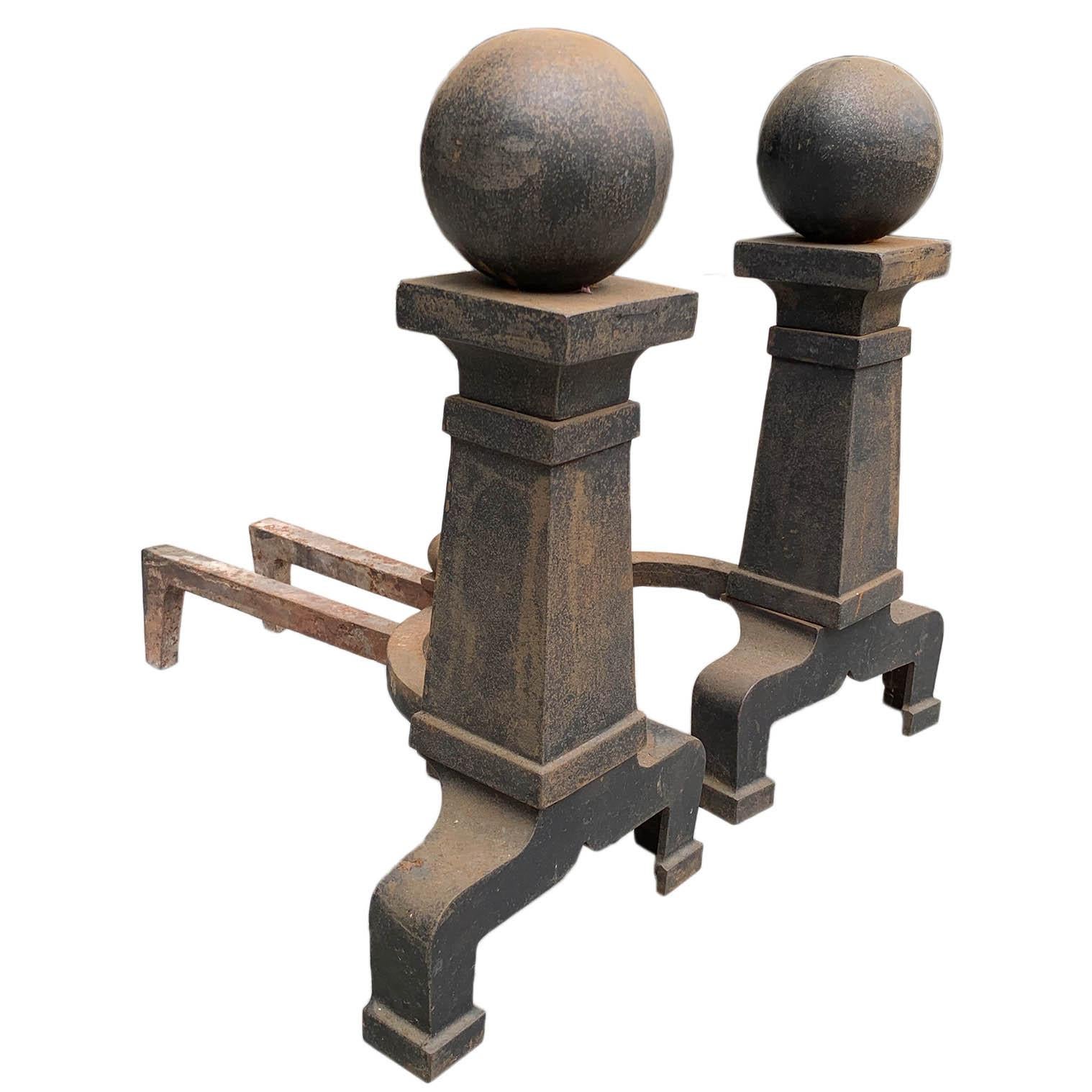 Rustic Cannonball Andirons, Set For Sale