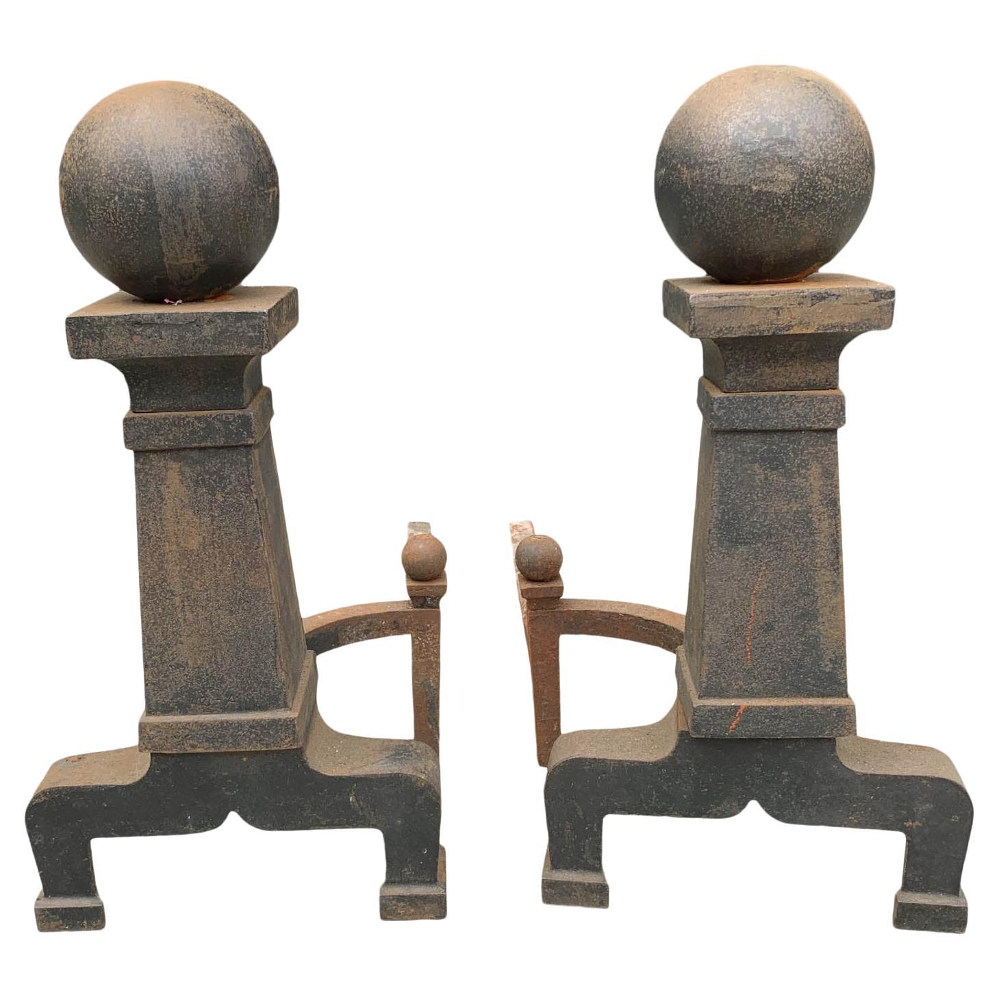 Cannonball Andirons, Set For Sale