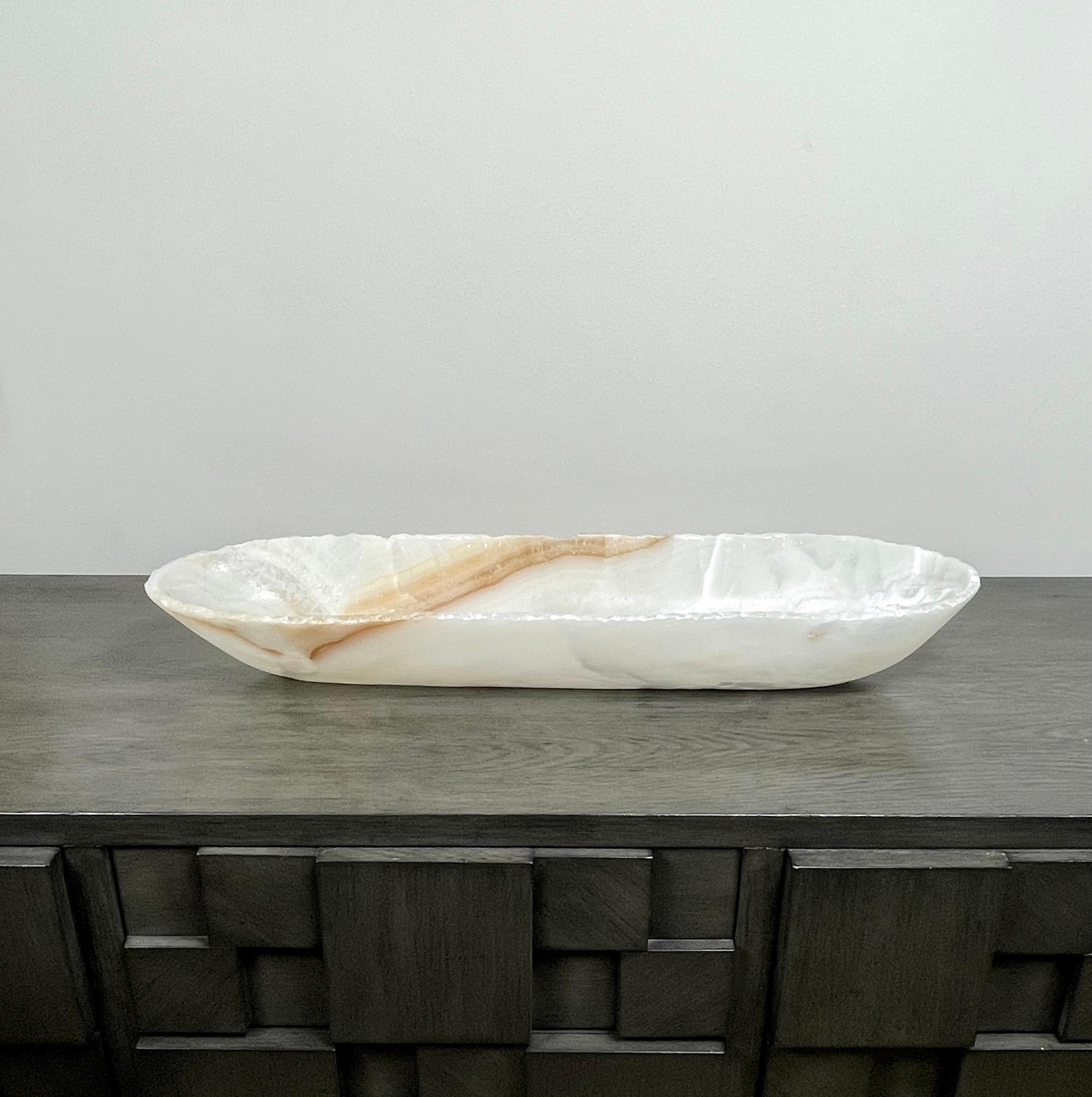 Mexican Canoe Shaped White Onyx Bowl with Veining