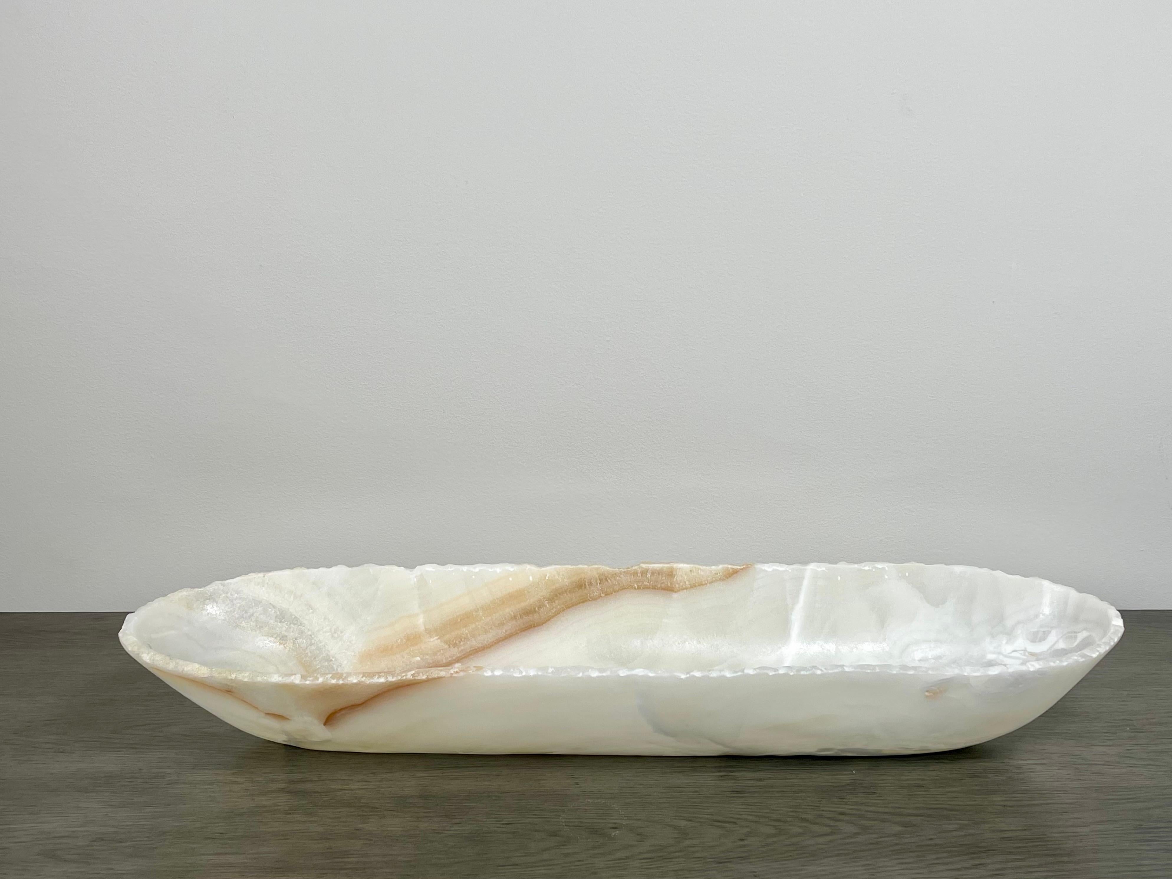 Hand-Carved Canoe Shaped White Onyx Bowl with Veining