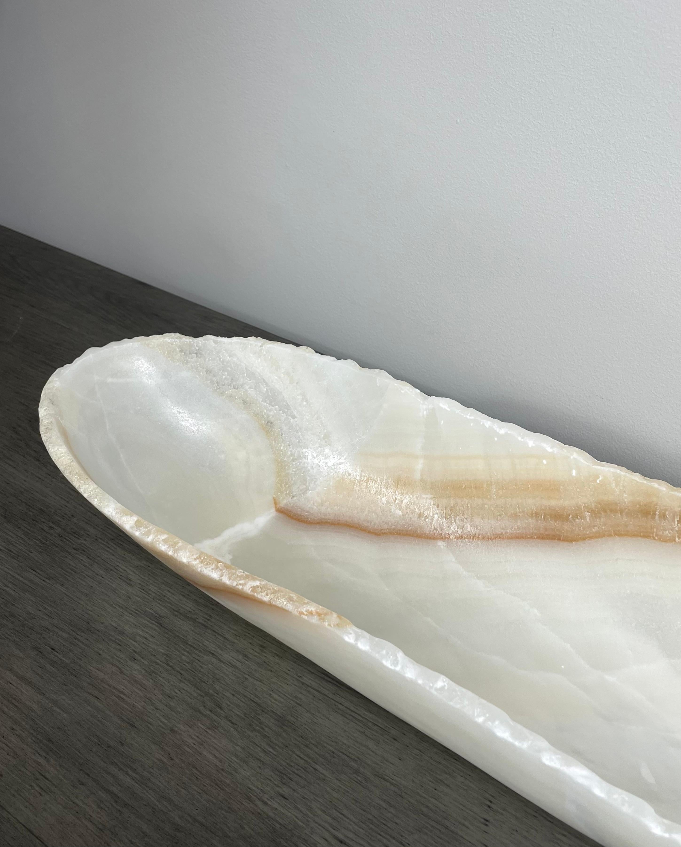 Contemporary Canoe Shaped White Onyx Bowl with Veining