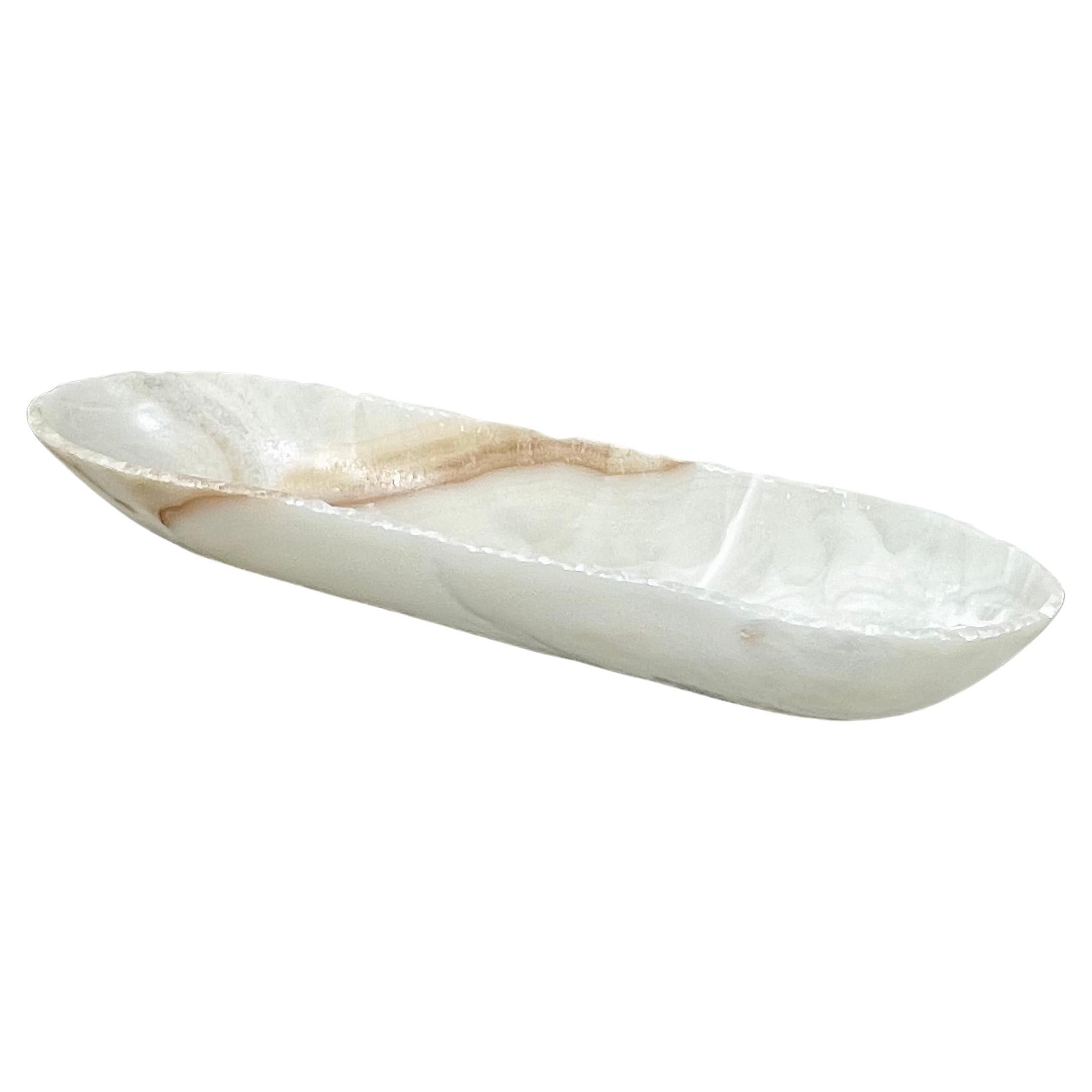 Canoe Shaped White Onyx Bowl with Veining