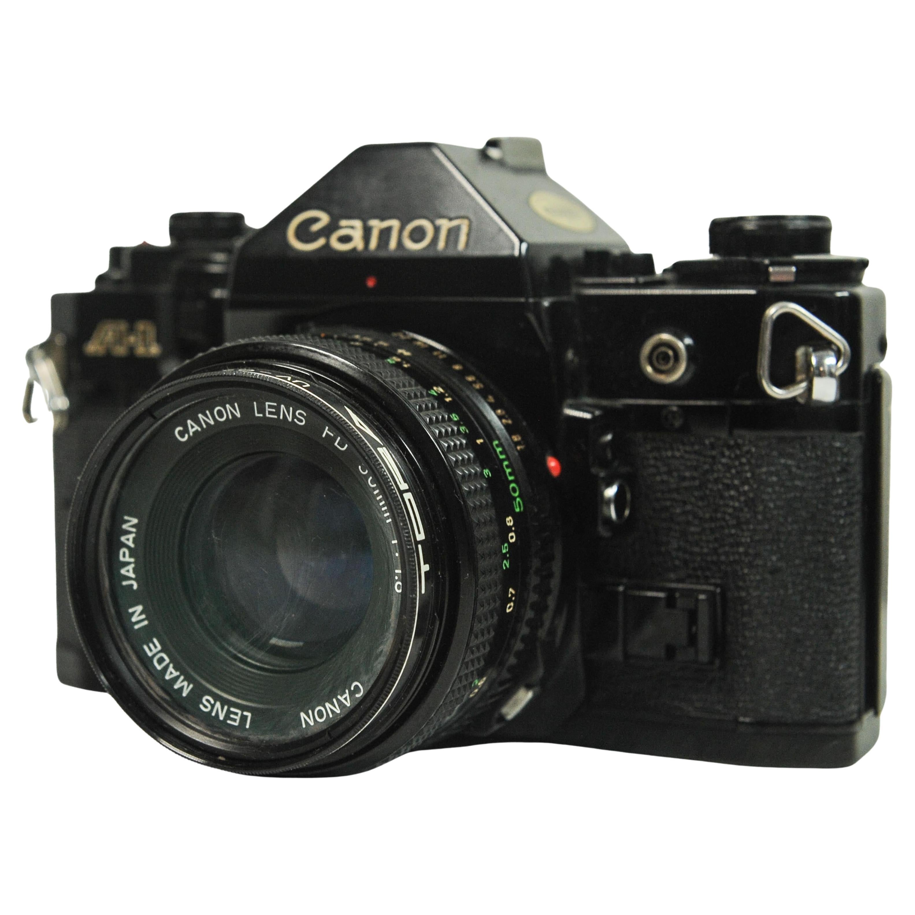 Canon A-1 Black Body 35mm SLR Filmkamera mit Canon FD 50mm F1.8 Prime Objektiv im Angebot