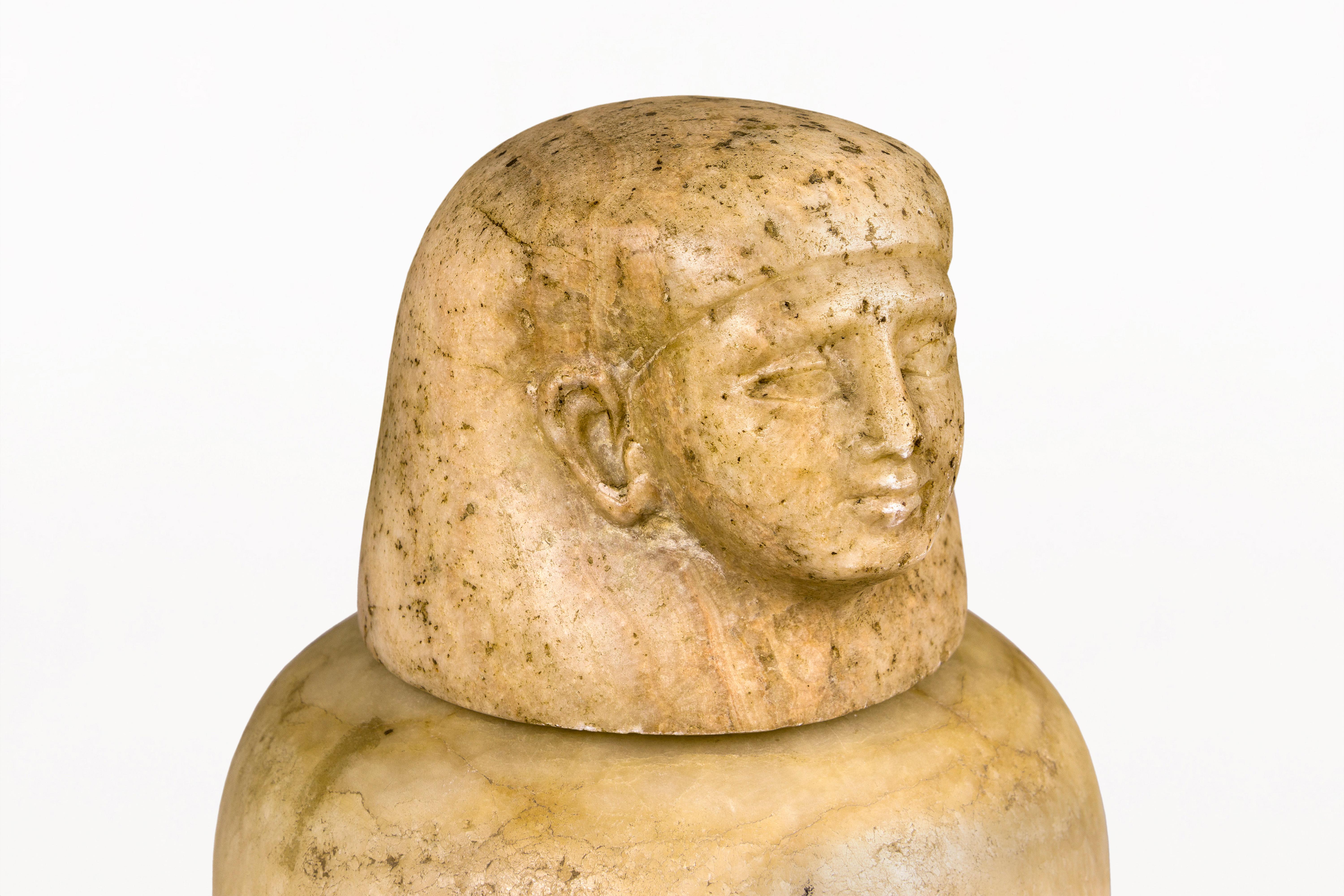 Canopus-Gefäß „Asmet“, 1069–664 v. Chr., Ägypten (Alabaster) im Angebot