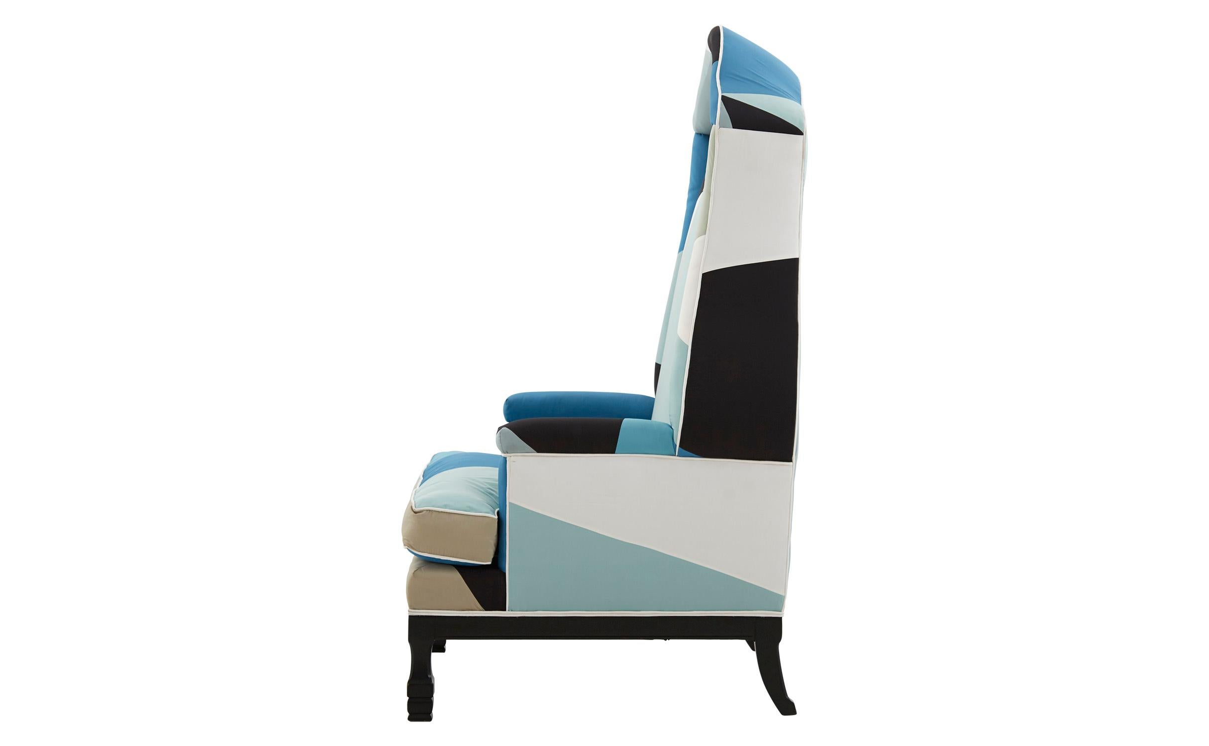 American Canopy Chair Reupholstered in Schumacher & Co. Cubist Peacock Silk Fabric