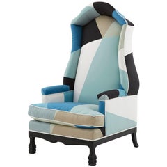 Canopy Chair Reupholstered in Schumacher & Co. Cubist Peacock Silk Fabric