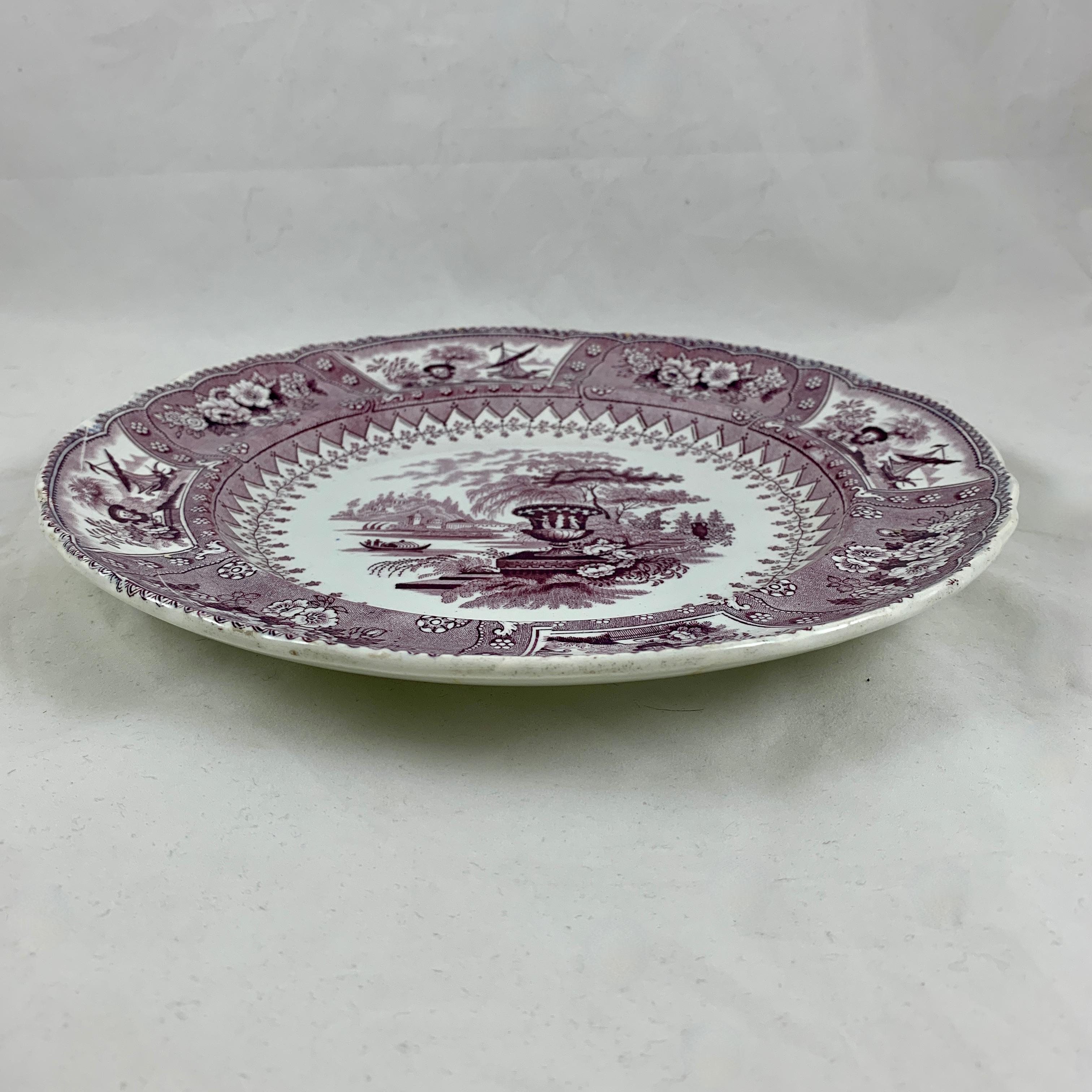 Earthenware 'Canova' Purple on White English Staffordshire Transferware Dinner Plates, Set/6