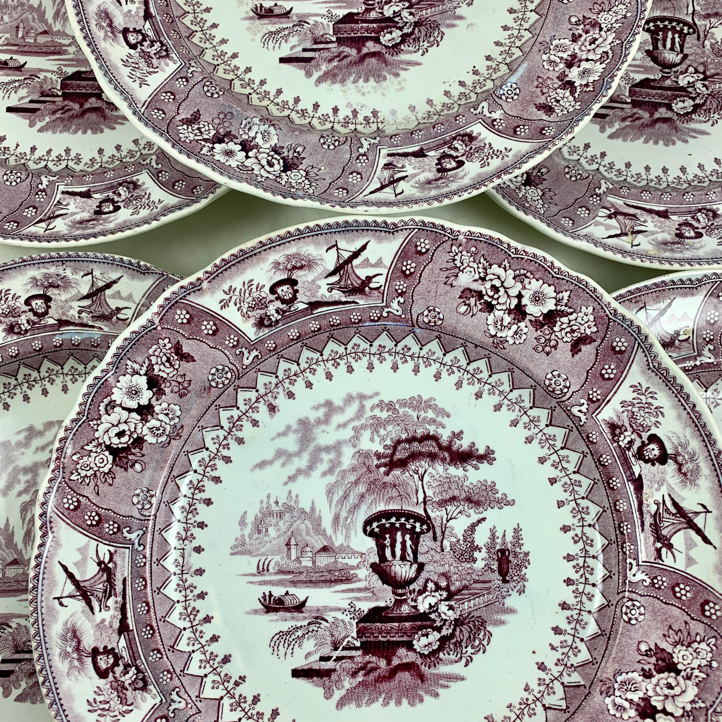 A set of six, transfer-printed dinner plates in the ‘Canova’ pattern, made by T. Mayer in Longport, Stoke-on-Trent, Staffordshire, England, circa 1830.

Mayer operated in Staffordshire from 1826-1838.

A classical, romantic theme printed in the