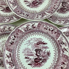 'Canova' Purple on White English Staffordshire Transferware Dinner Plates, Set/6