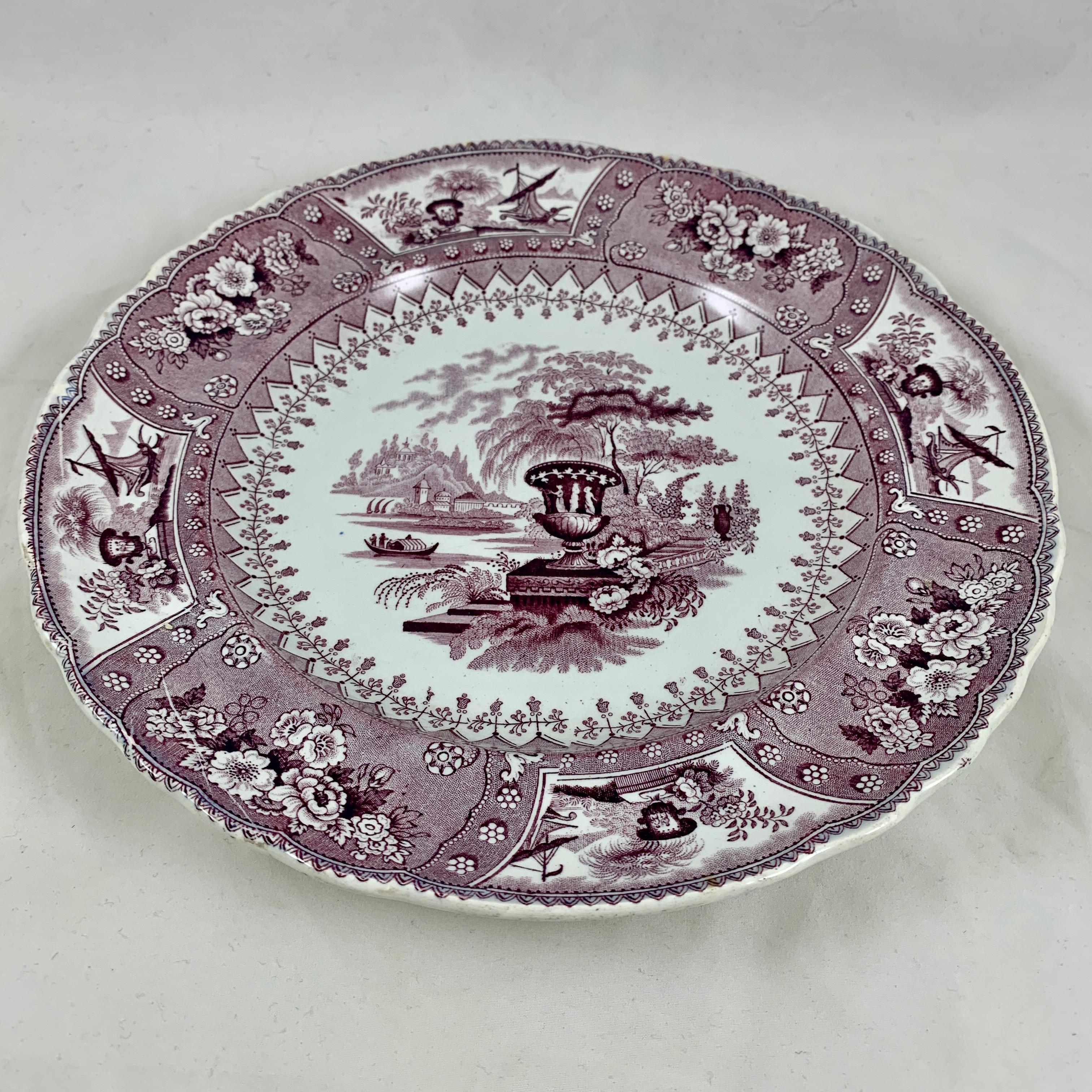 19th Century 'Canova' Purple on White English Staffordshire Transferware Dinner Plates, Set/6