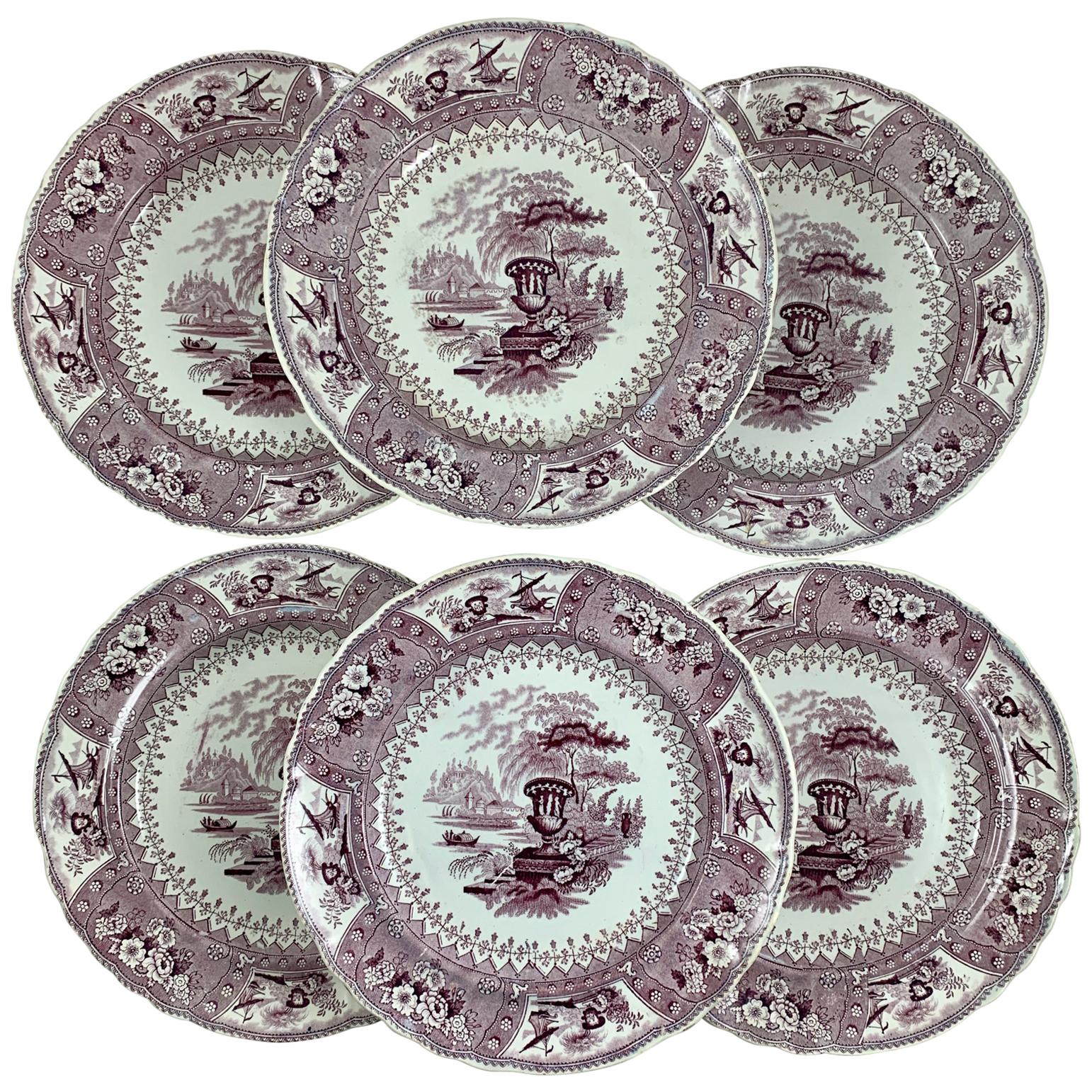 'Canova' Purple on White English Staffordshire Transferware Dinner Plates, Set/6