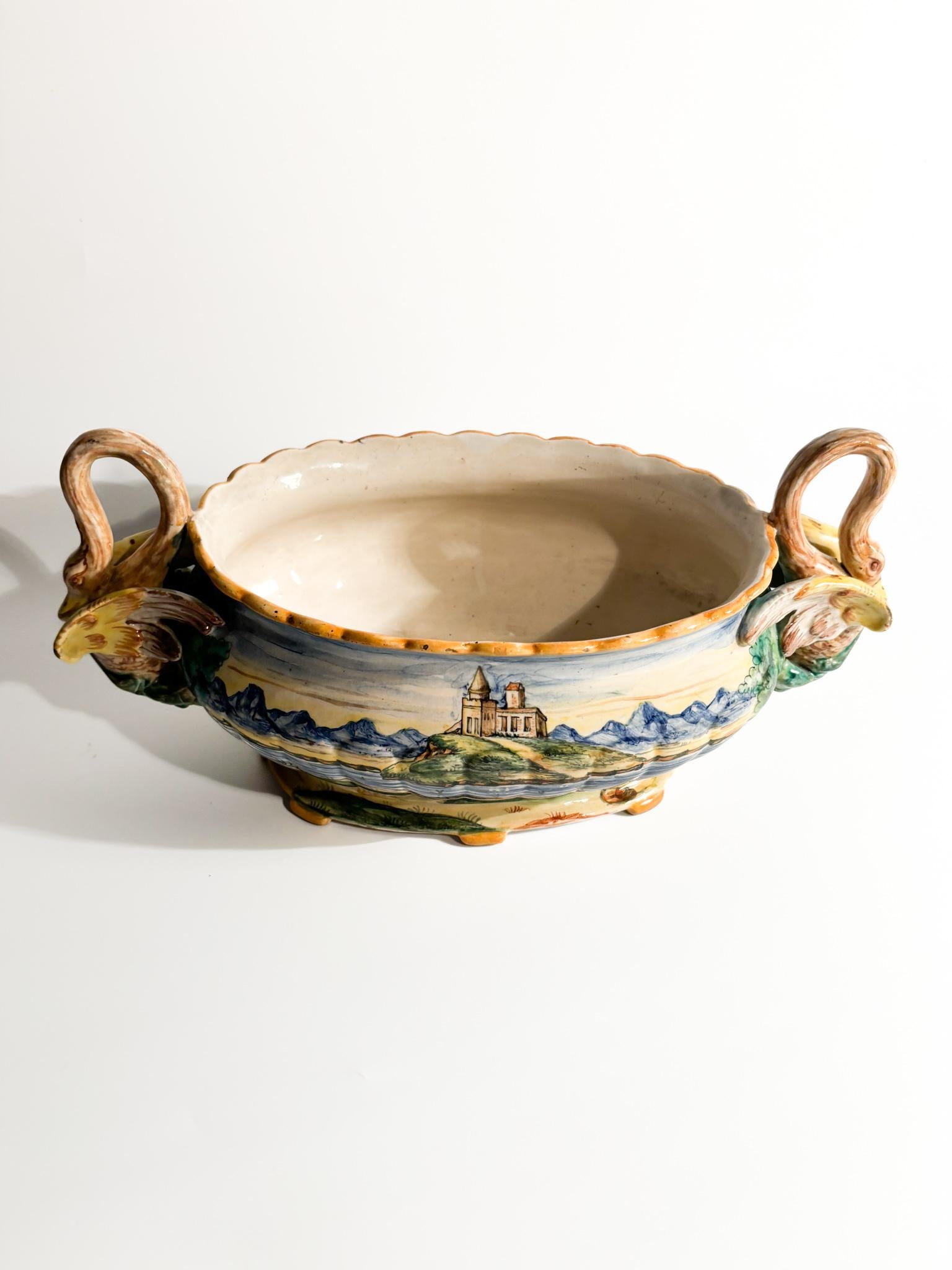 Renaissance Revival Cantagalli Ceramic Centerpiece Cup Hand Painted 1920s For Sale