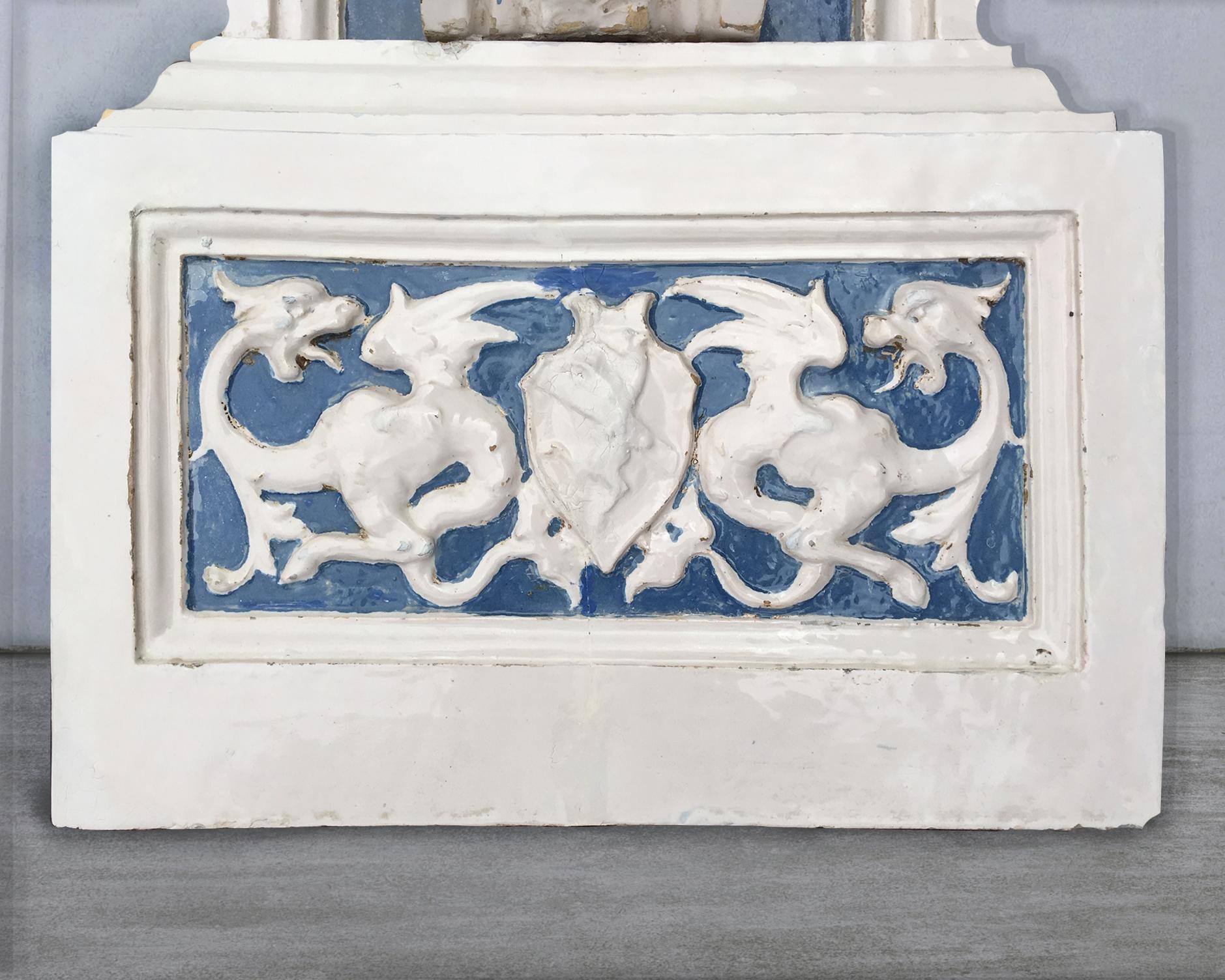 Italian Cantagalli Fireplace Della Robbia Style 19th Century Blue and White Pottery For Sale