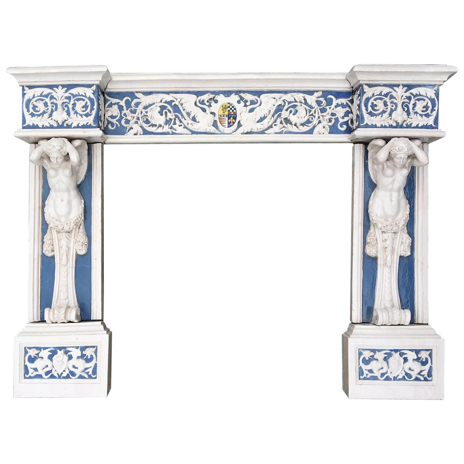 Cantagalli Fireplace Della Robbia Style 19th Century Blue and White Pottery For Sale