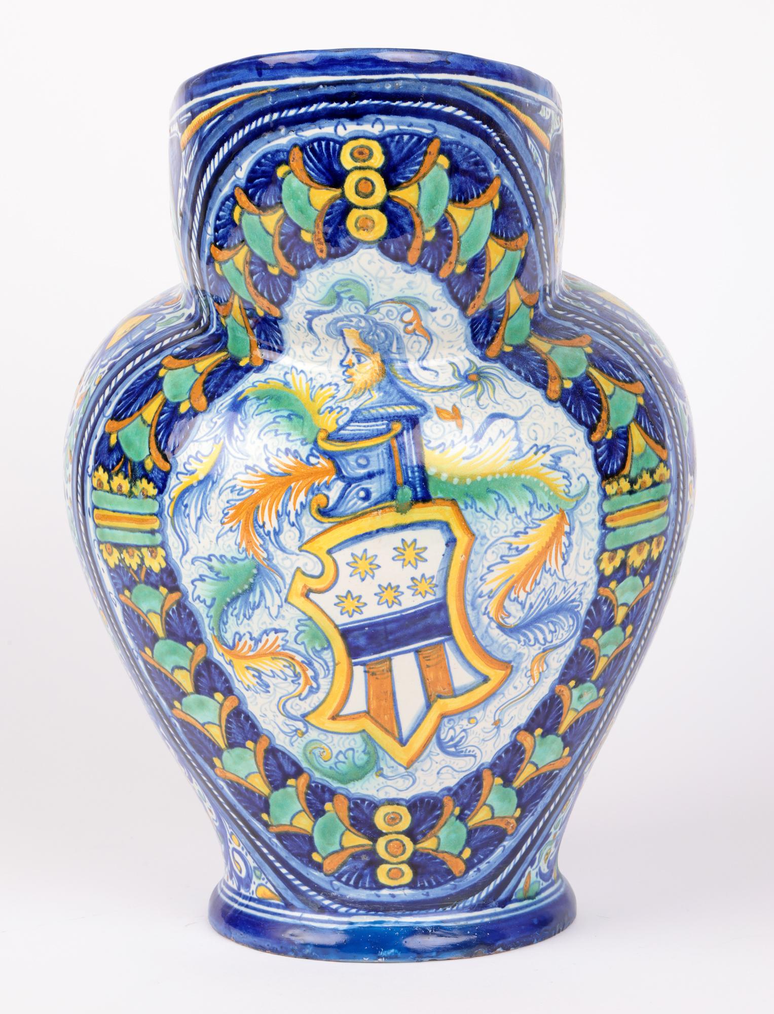 Glazed Cantagalli Italian Large Impressive Crested Maiolica Pottery Jug For Sale