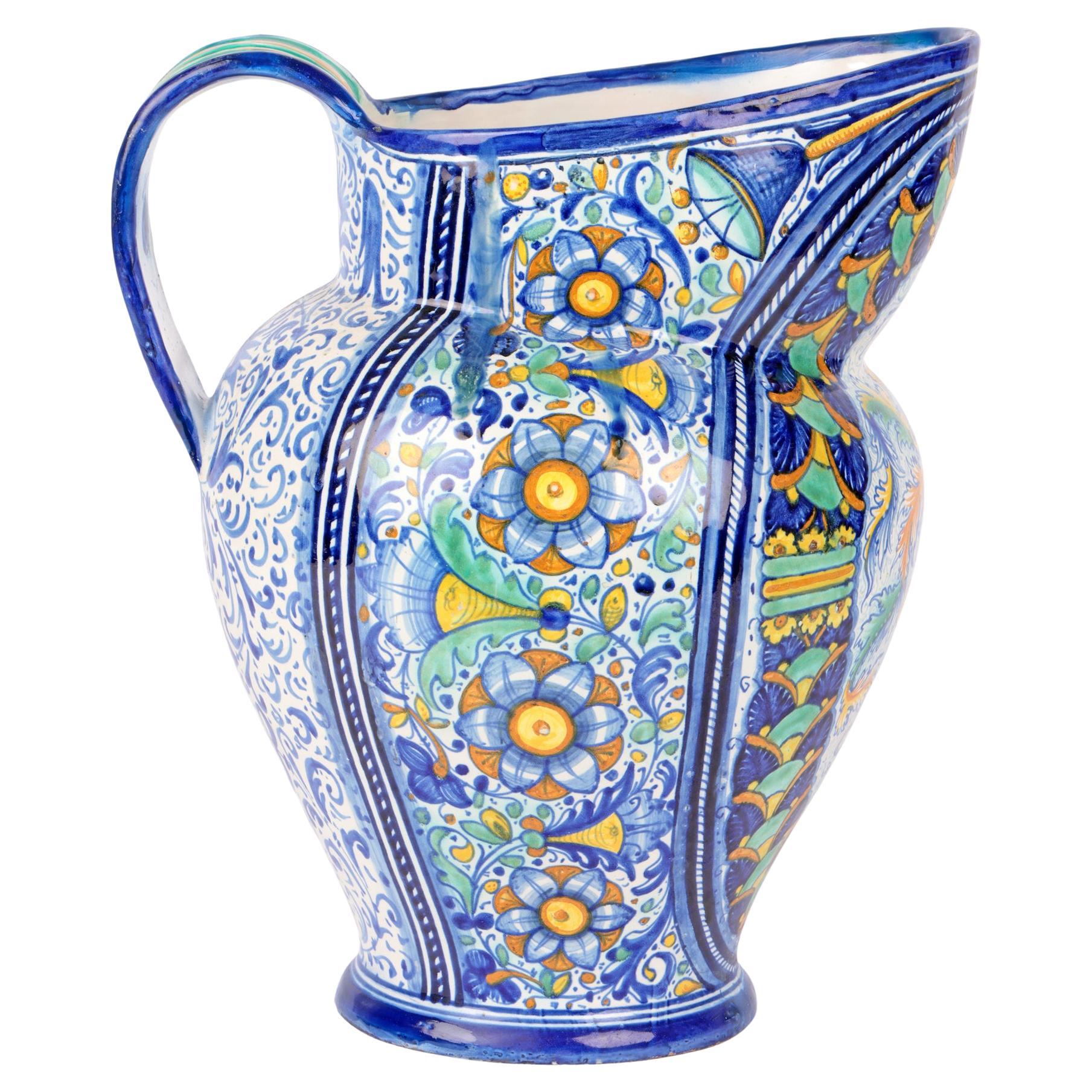 Grande cruche italienne impressionnante en céramique Maiolica crêtée Cantagalli