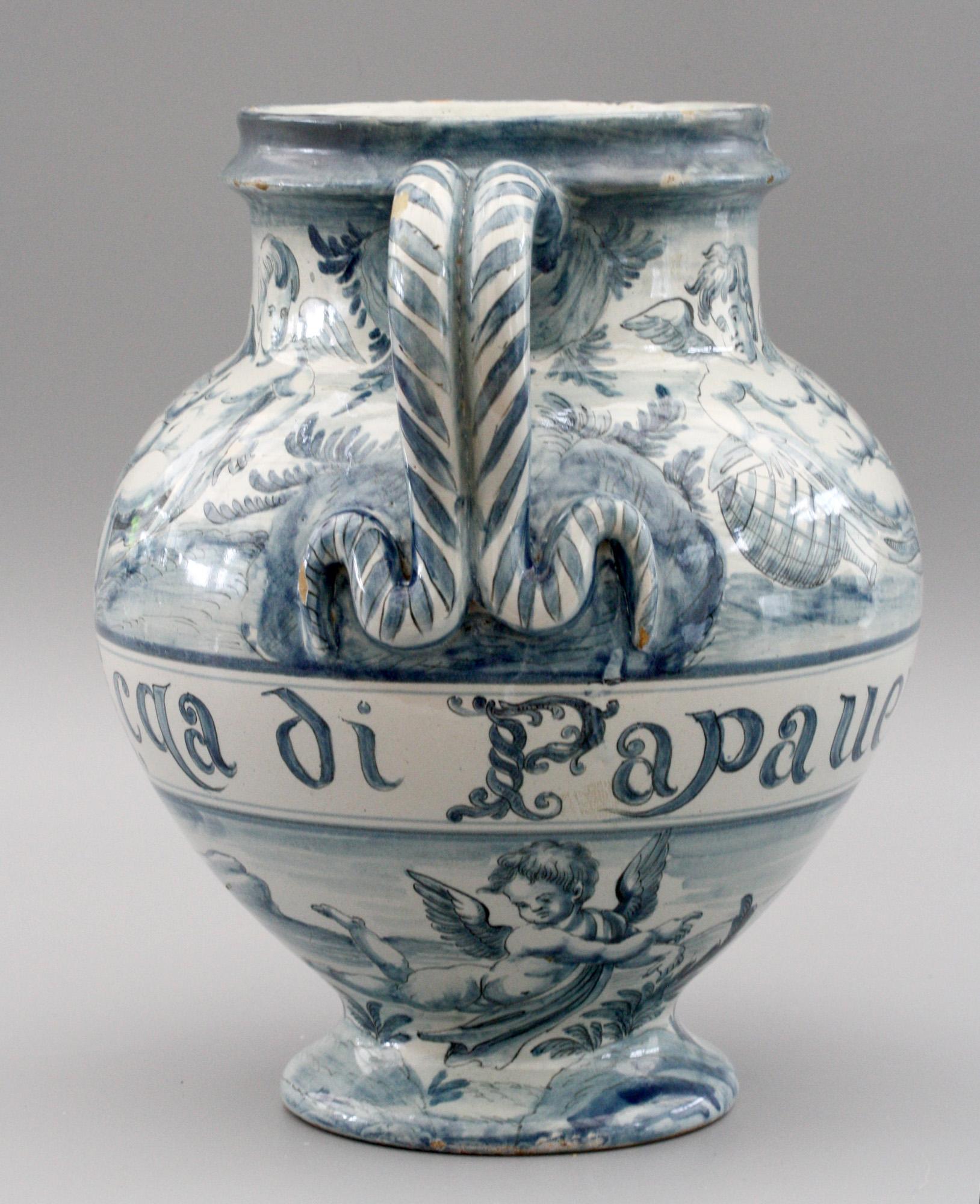 Hand-Painted Cantagalli Italian Maiolica Acqa di Papueri Drug Jar, 19th Century