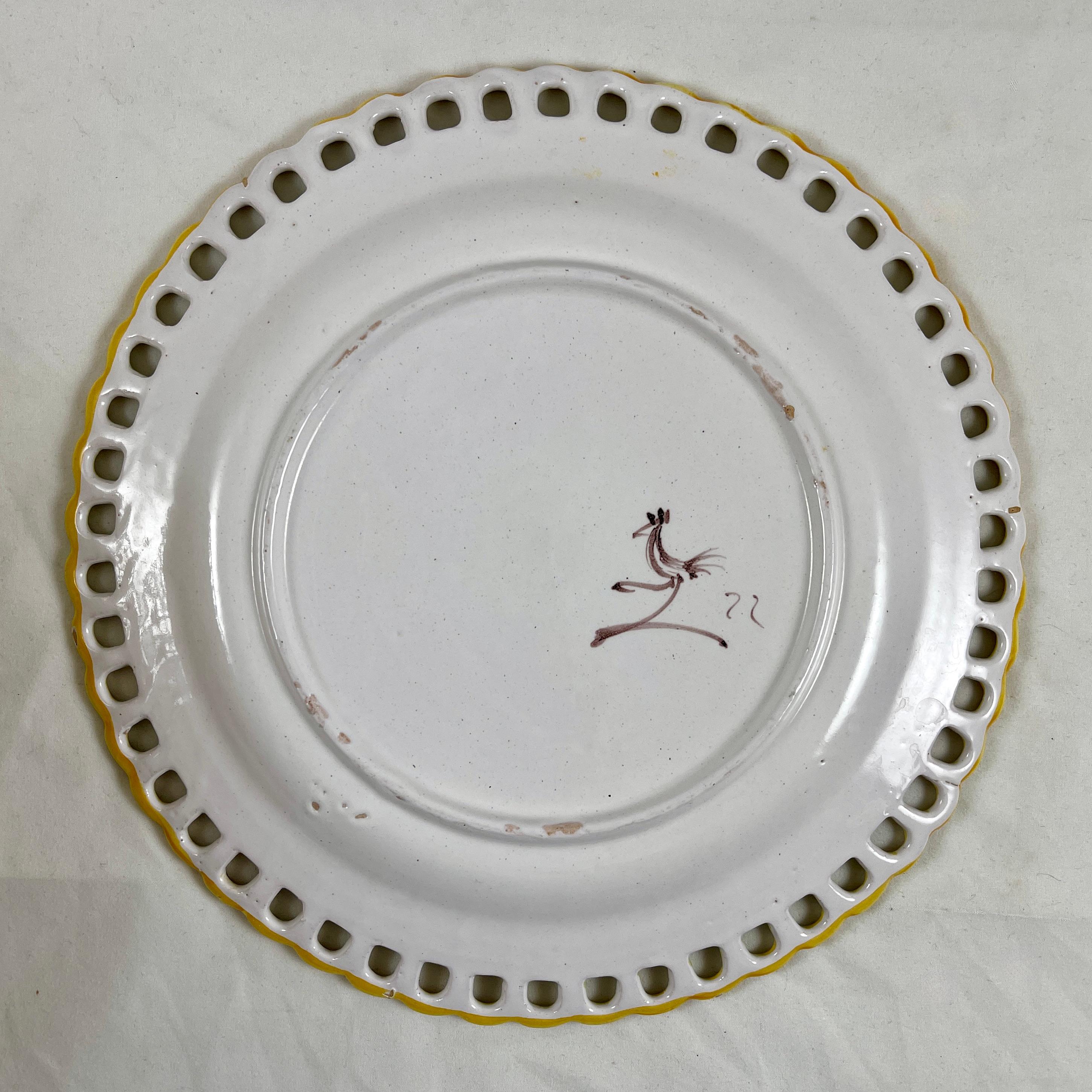 Earthenware Cantagalli Italian Majolica Hand Painted Reticulate Edge Floral Plates For Sale