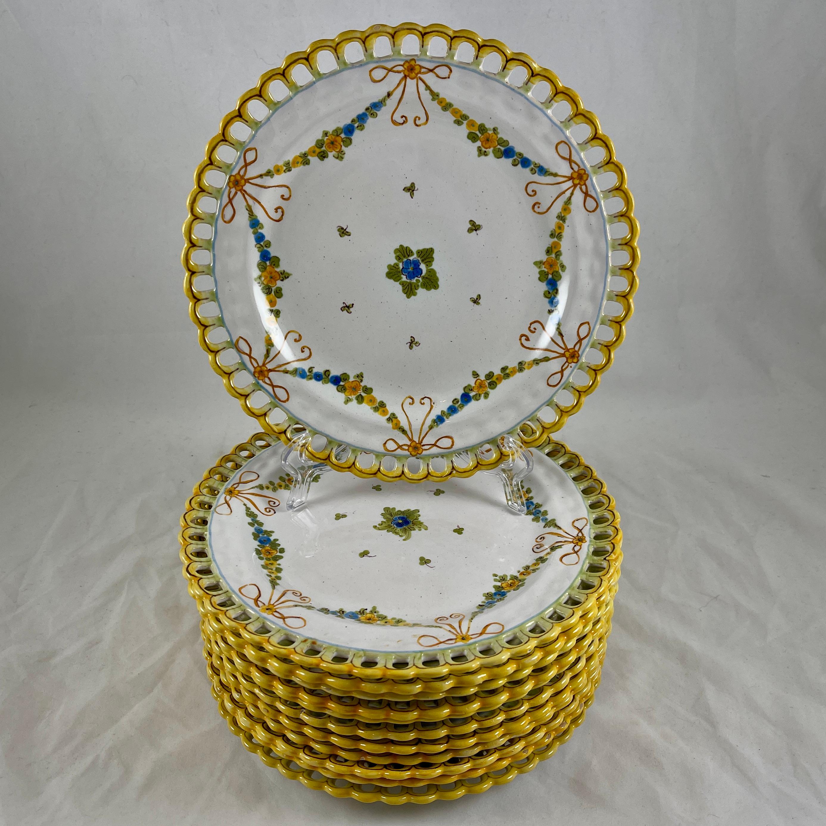 20th Century Cantagalli Italian Majolica Hand Painted Reticulate Edge Floral Plates For Sale