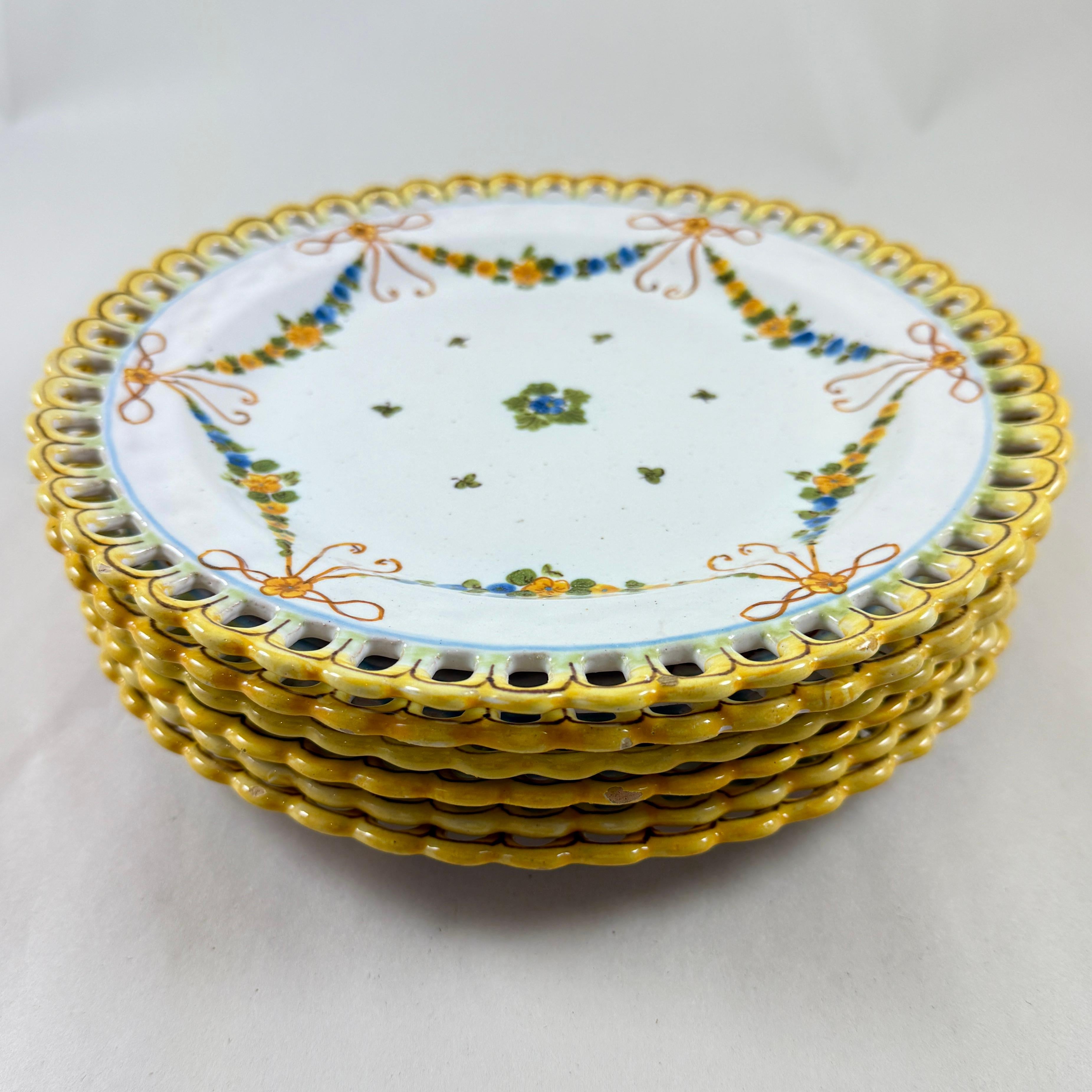 20th Century Cantagalli Italian Majolica Hand Painted Reticulate Edge Floral Plates, set of 6 For Sale