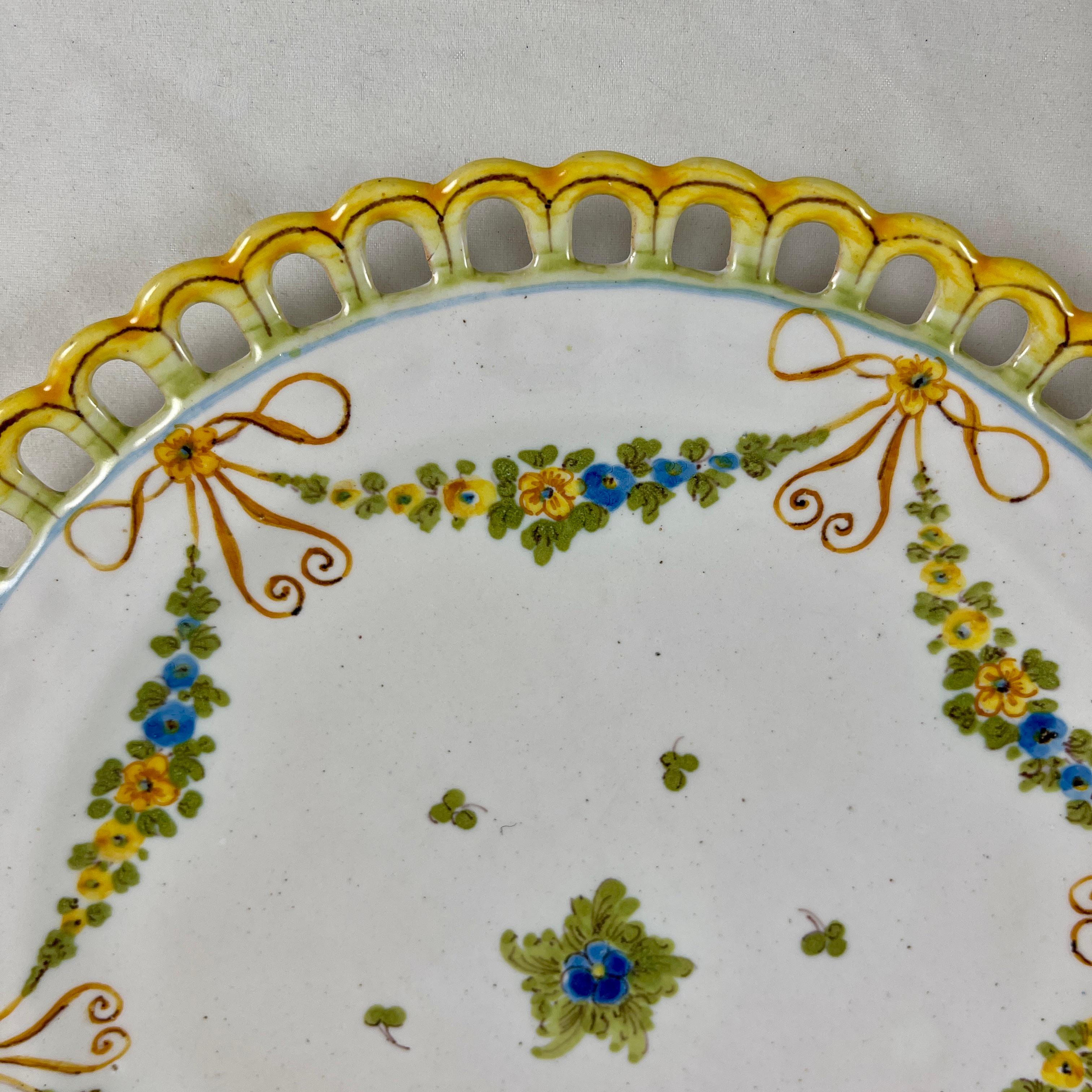 Earthenware Cantagalli Italian Majolica Hand Painted Reticulate Edge Floral Plates, set of 6 For Sale