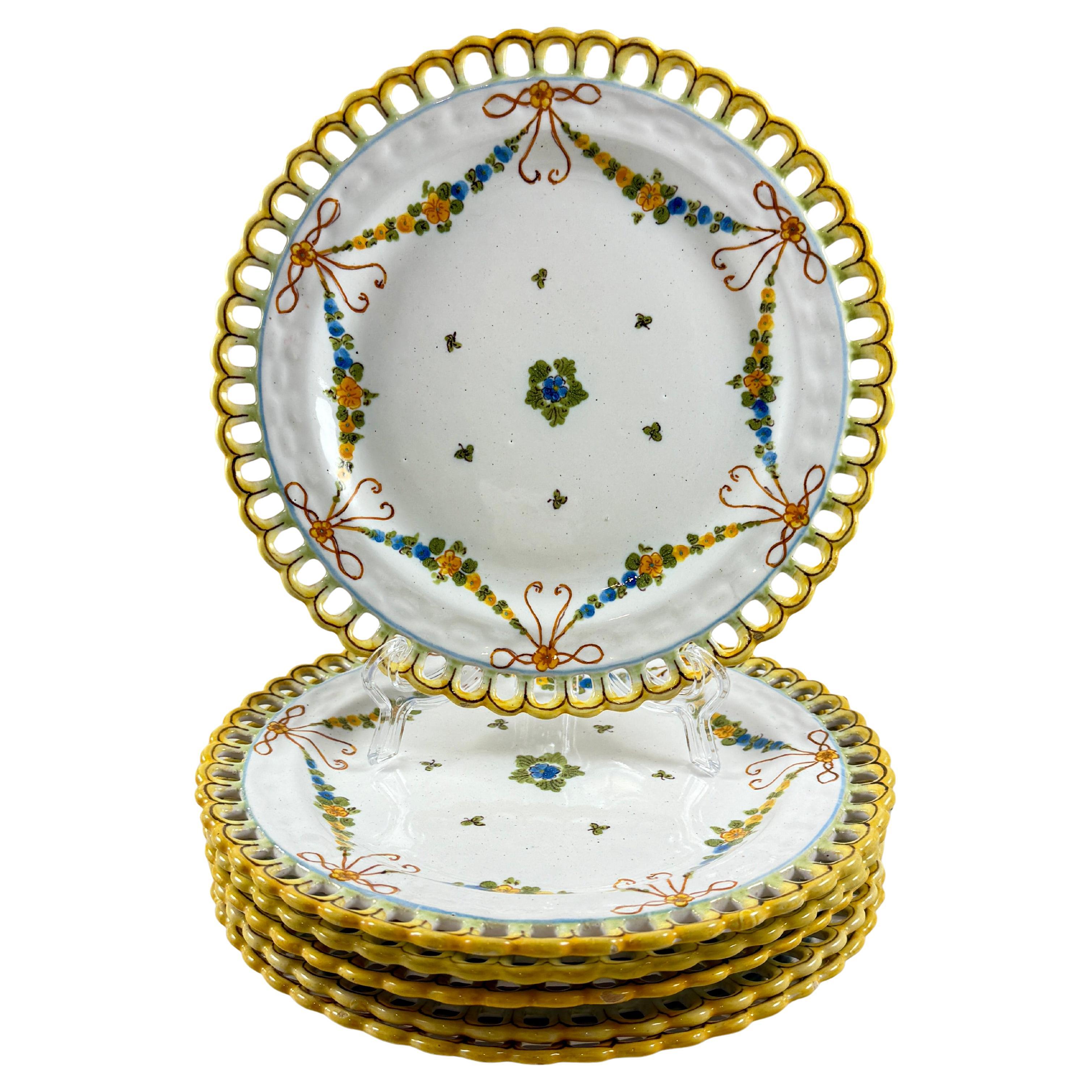 Cantagalli, maiolica italiana dipinta a mano con bordo reticolato, set di 6 piatti floreali
