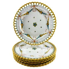 Cantagalli, maiolica italiana dipinta a mano con bordo reticolato, set di 6 piatti floreali